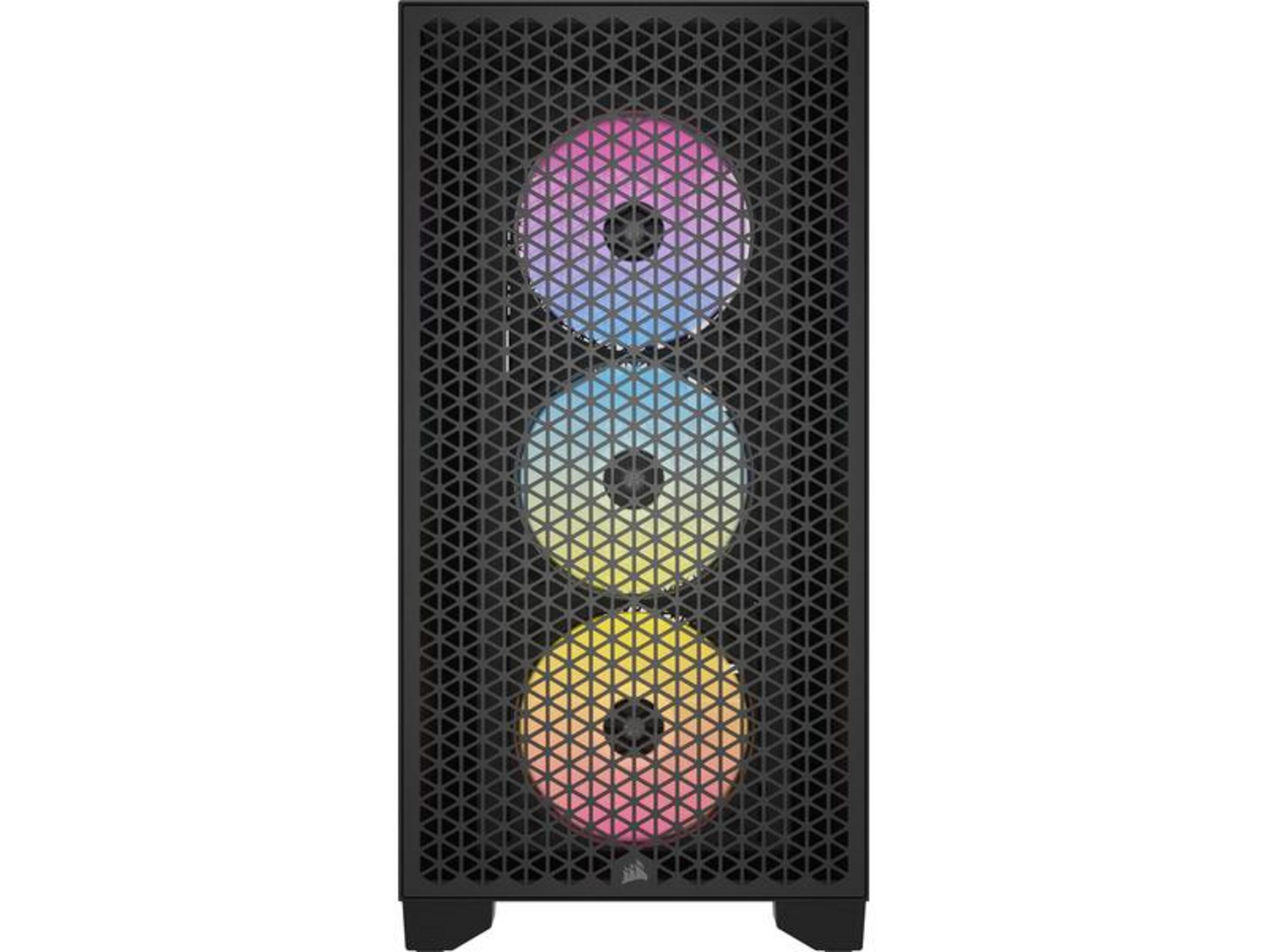 Czarna obudowa komputera z trzema wentylatorami RGB świecącymi od przodu.