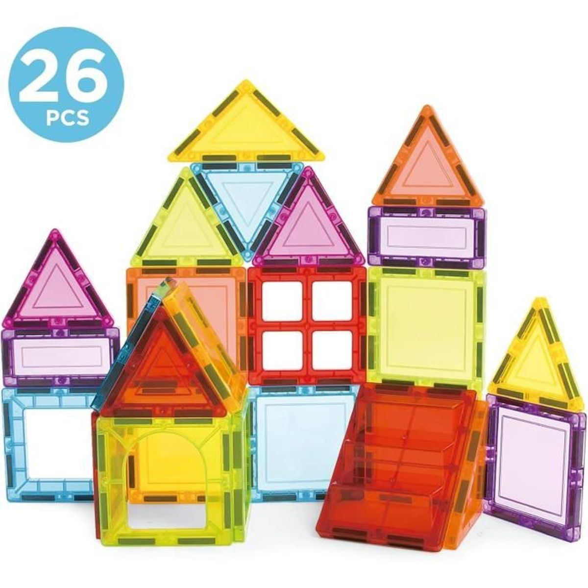 26 blocchi magnetici colorati formano uno scenario urbano vibrante.