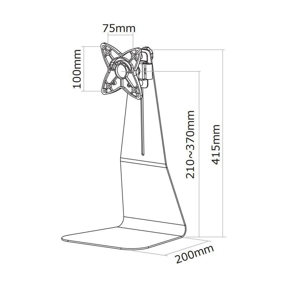 Technische tekening van een monitorstandaard met afmetingen.