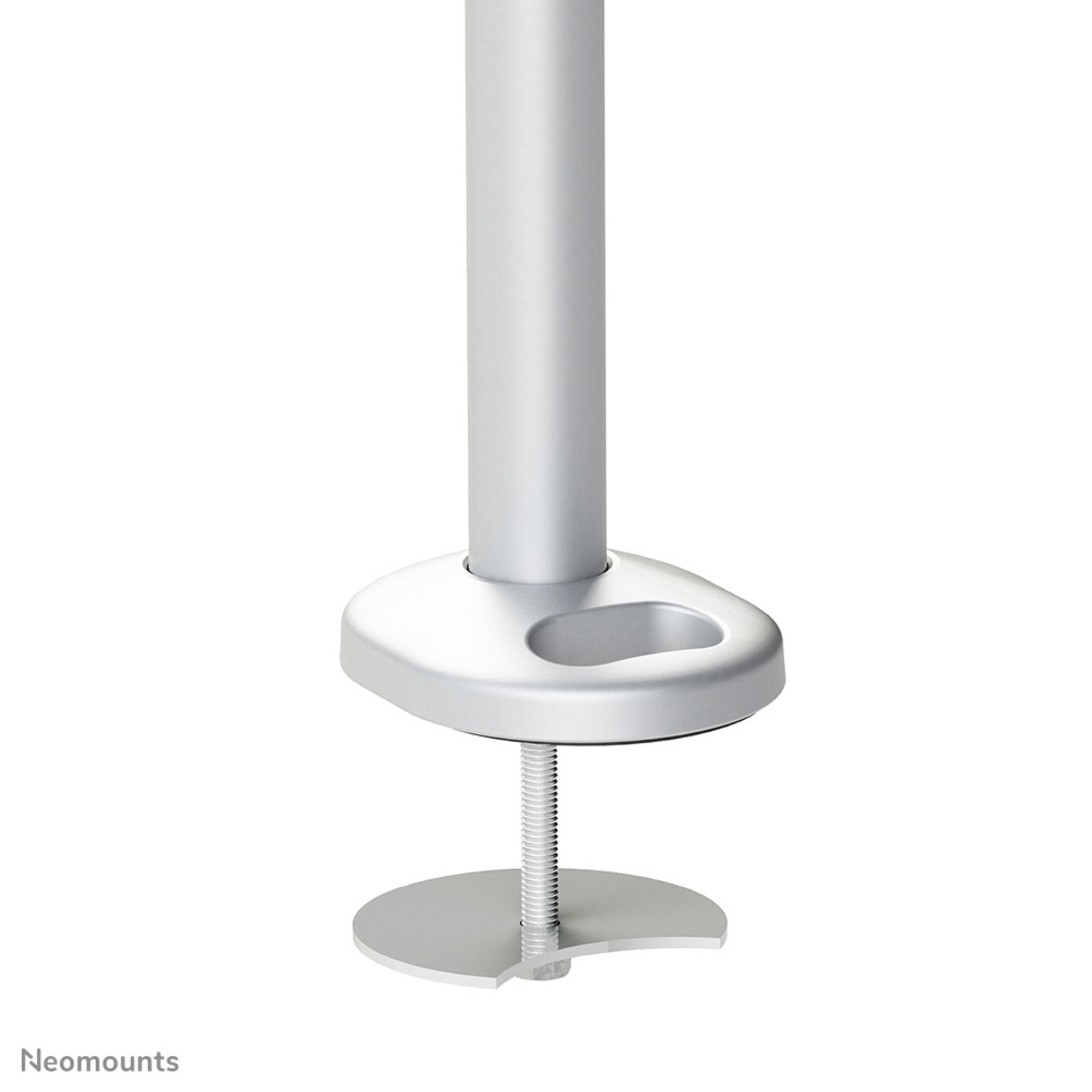 Zilveren monitorstandaardvoet met schroefmechanisme op witte achtergrond.
