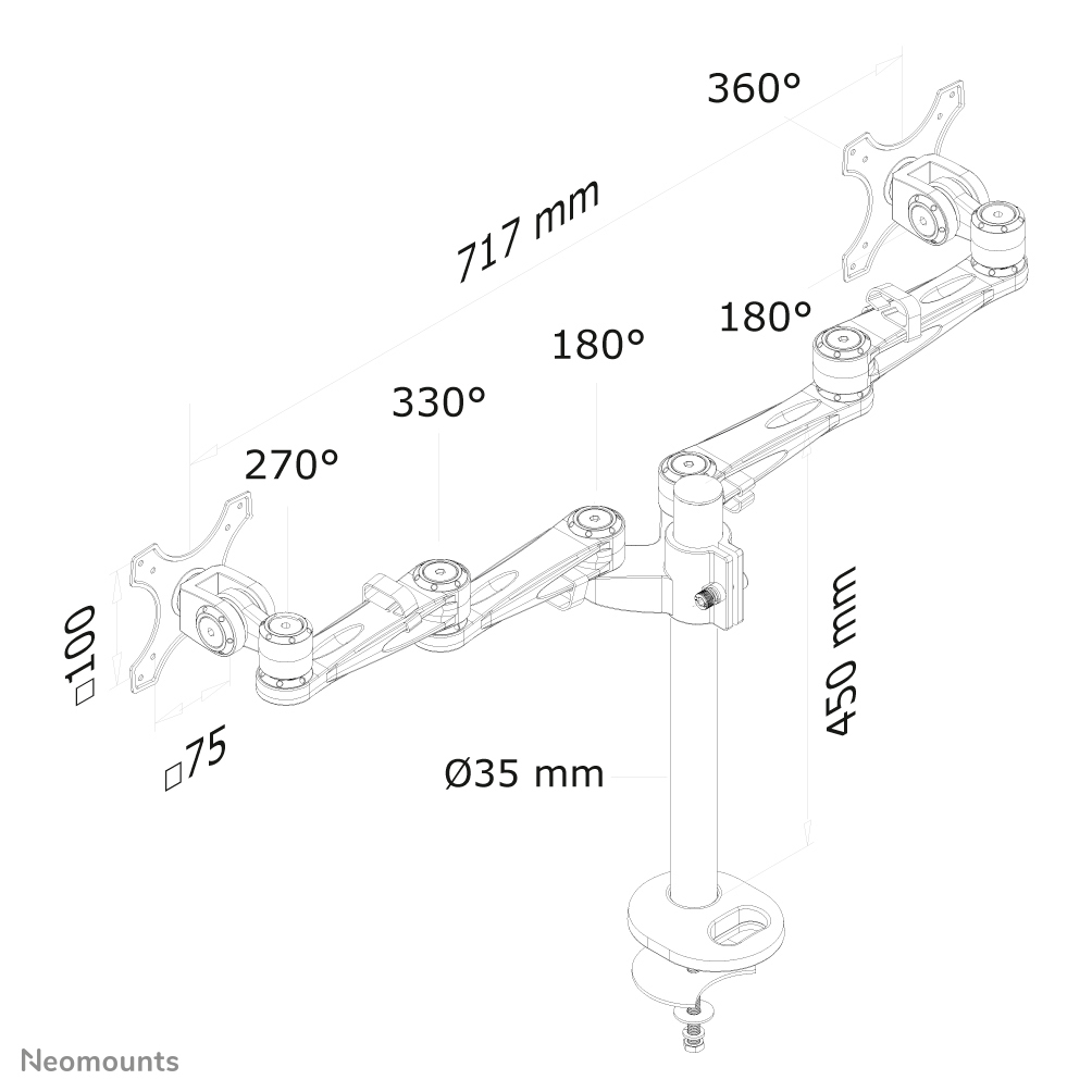 Technische tekening van een dubbele monitorarm met afmetingen en hoeken.