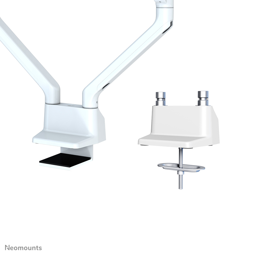 Two white monitor arms, one with a clamp, one with a screw.