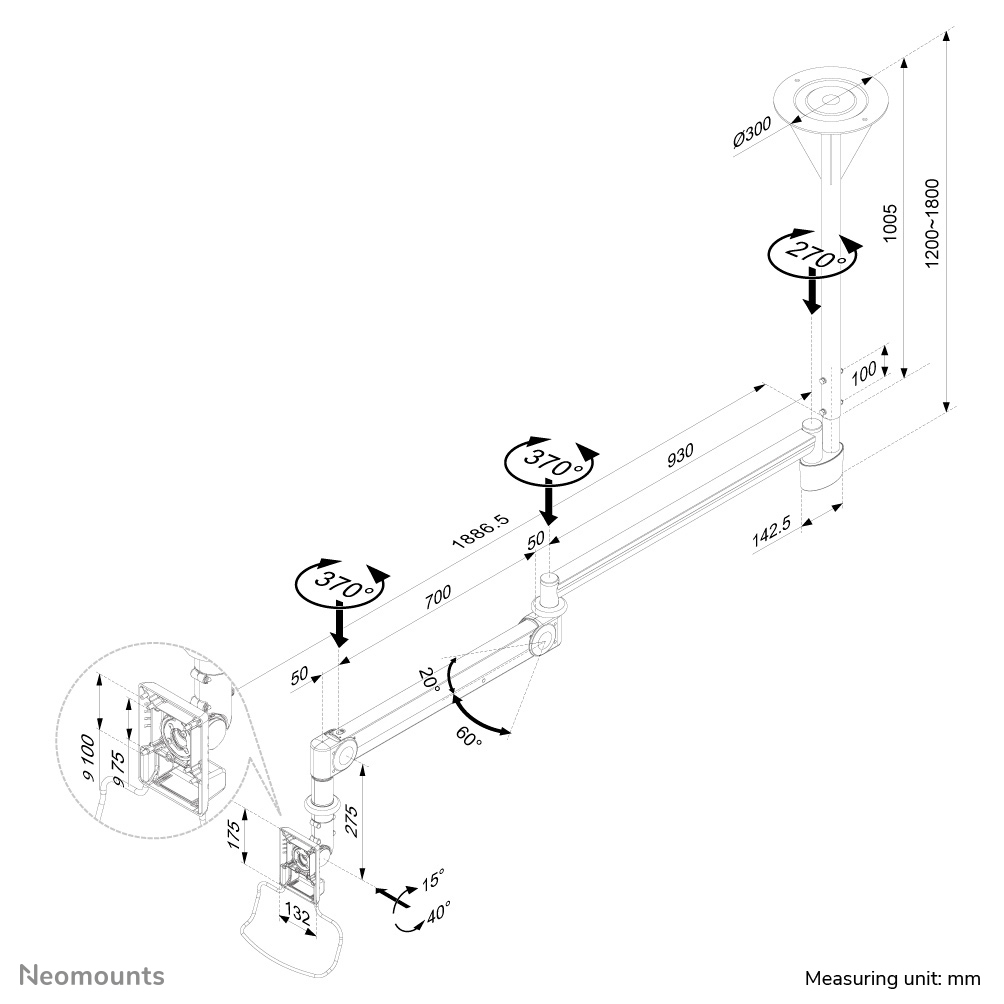 Technical drawing of a monitor arm with dimensions and rotation angles.