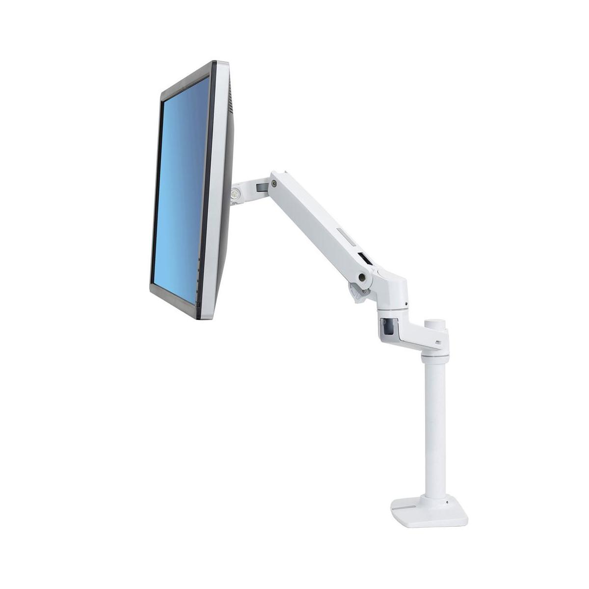 Un braccio per monitor bianco con schermo montato su un supporto bianco.