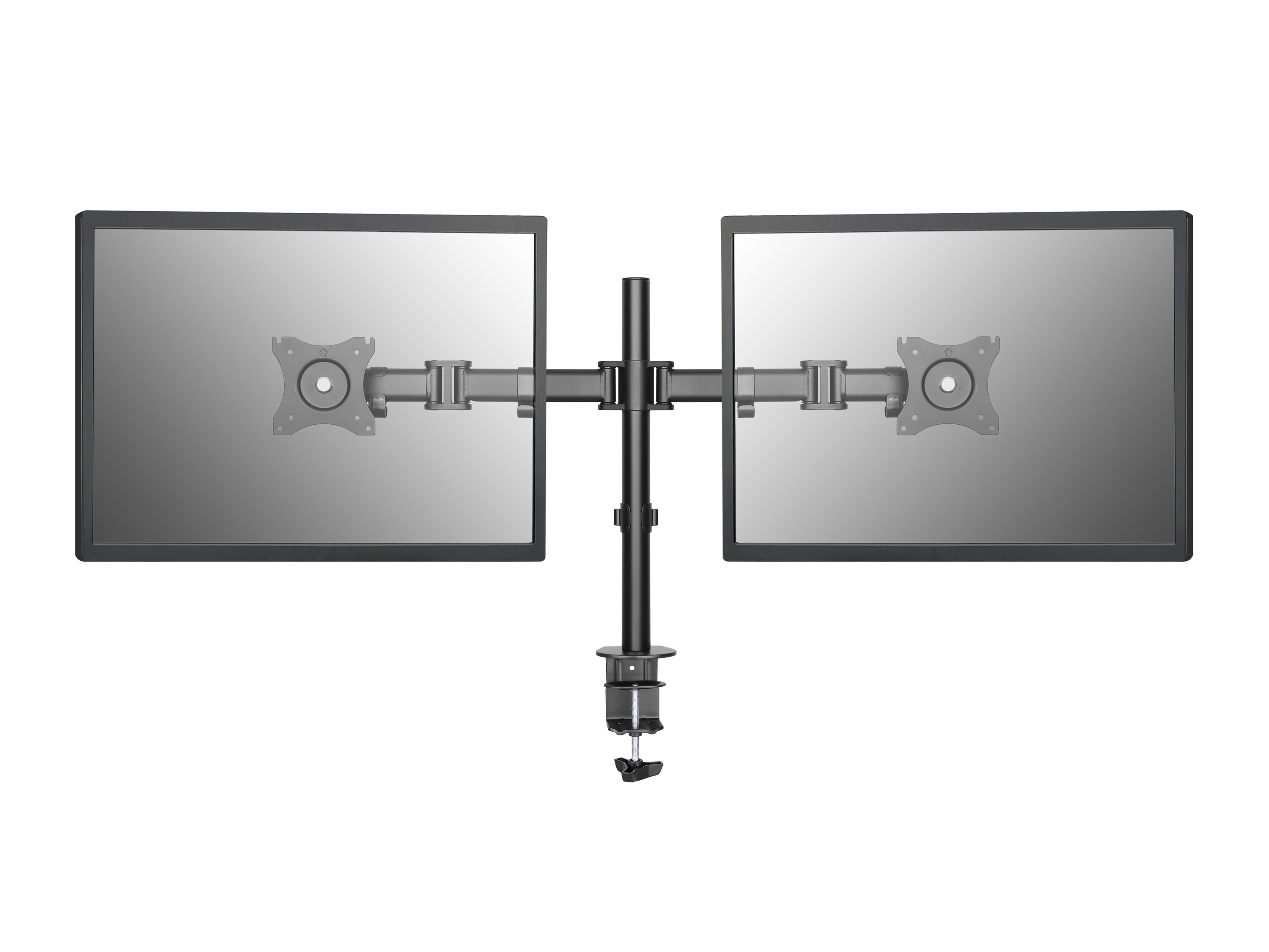 Een zwarte bureaubeugel voor twee monitoren met twee grijze monitoren op witte achtergrond.