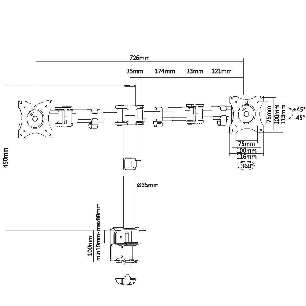 Technische tekening van een monitorarm met afmetingen.