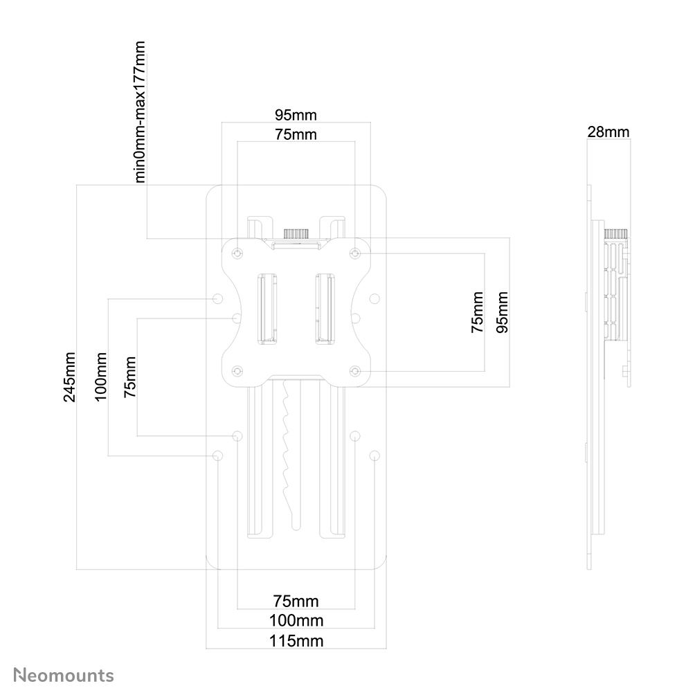 Technische tekening van een houder met afmetingen in mm.