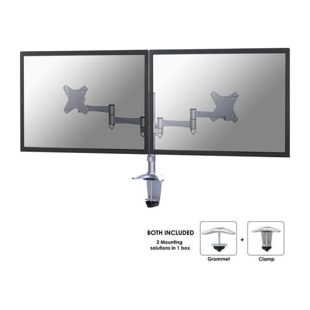 Silver dual monitor arm holding two screens, showing two mounting options.
