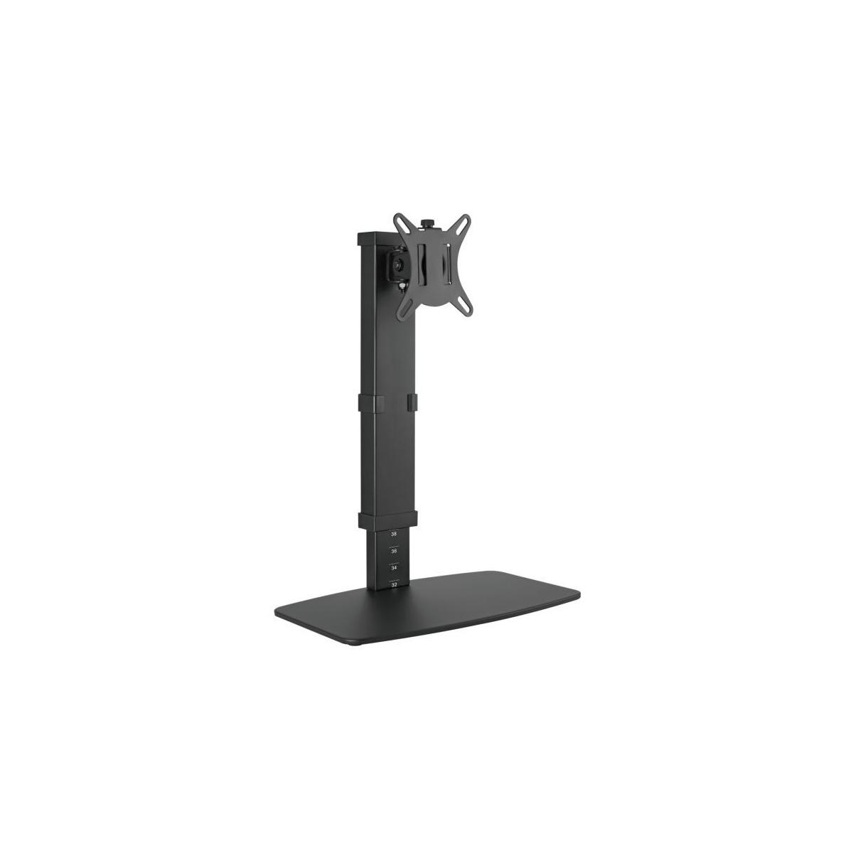 Un supporto per monitor nero con base piatta e palo verticale.