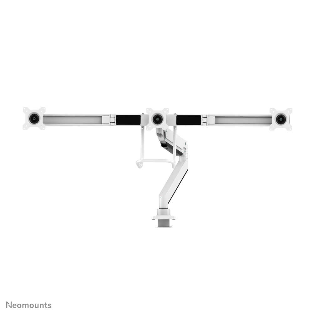 Een witte monitorarm met drie houders, bevestigd aan een bureau.