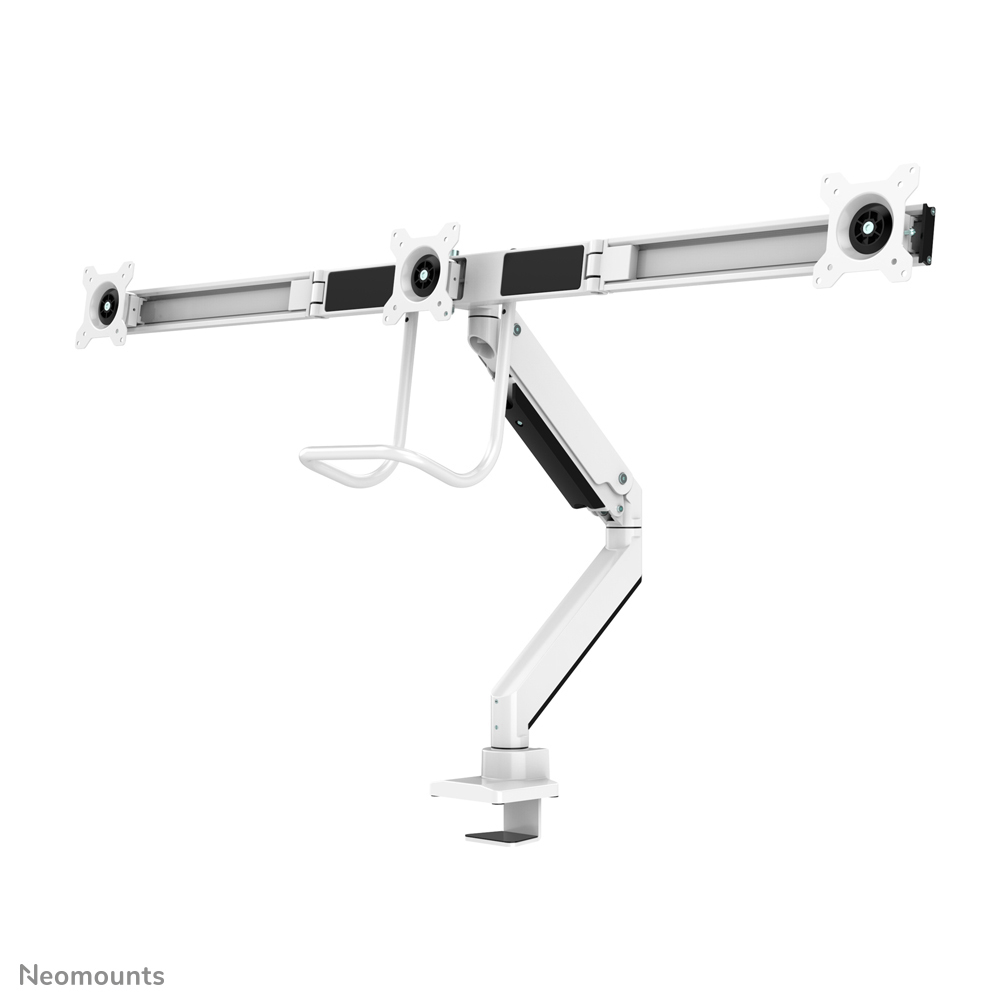 Een witte dubbele monitor arm met klem aan de basis.