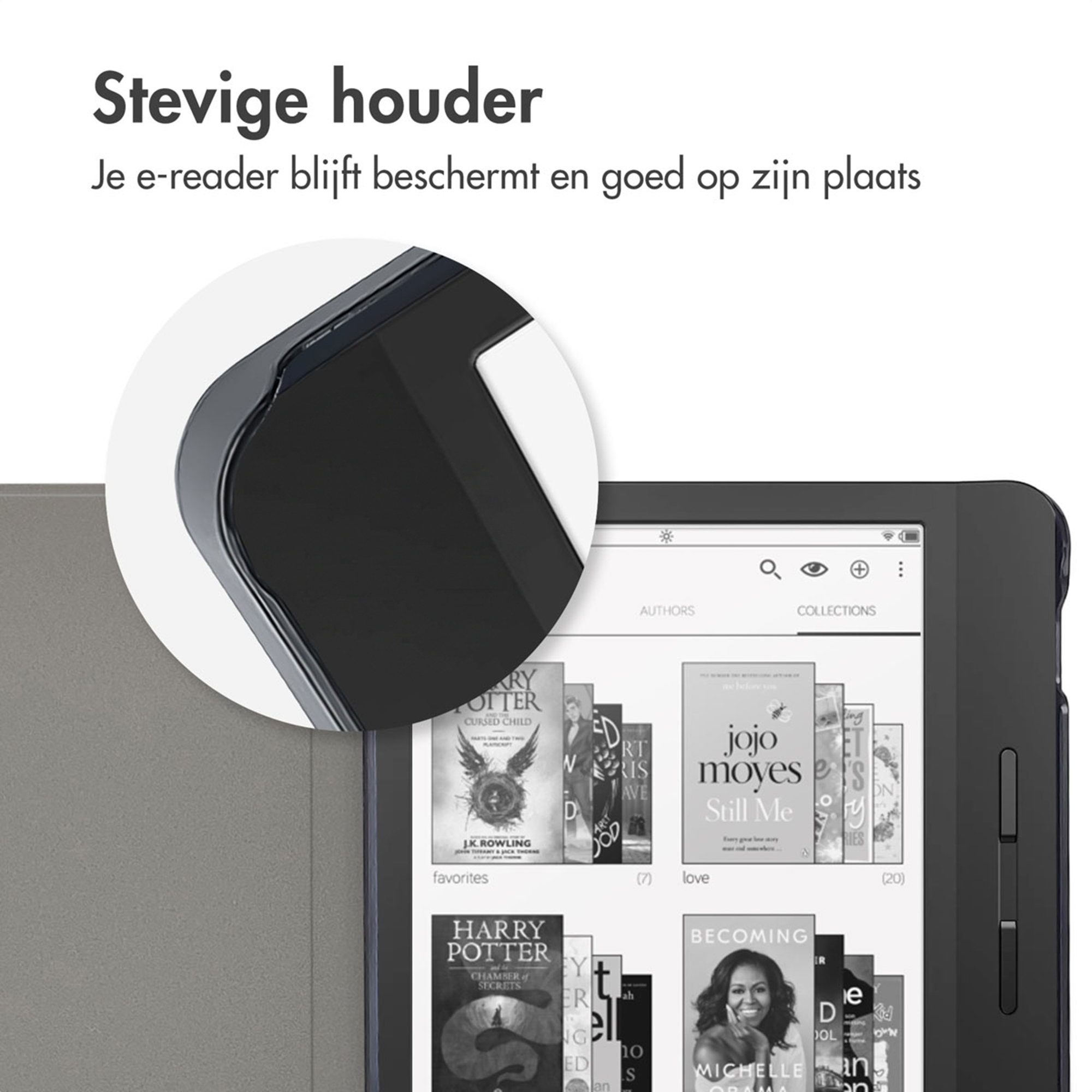 Een e-reader in een hoes die een boekenbibliotheek toont.