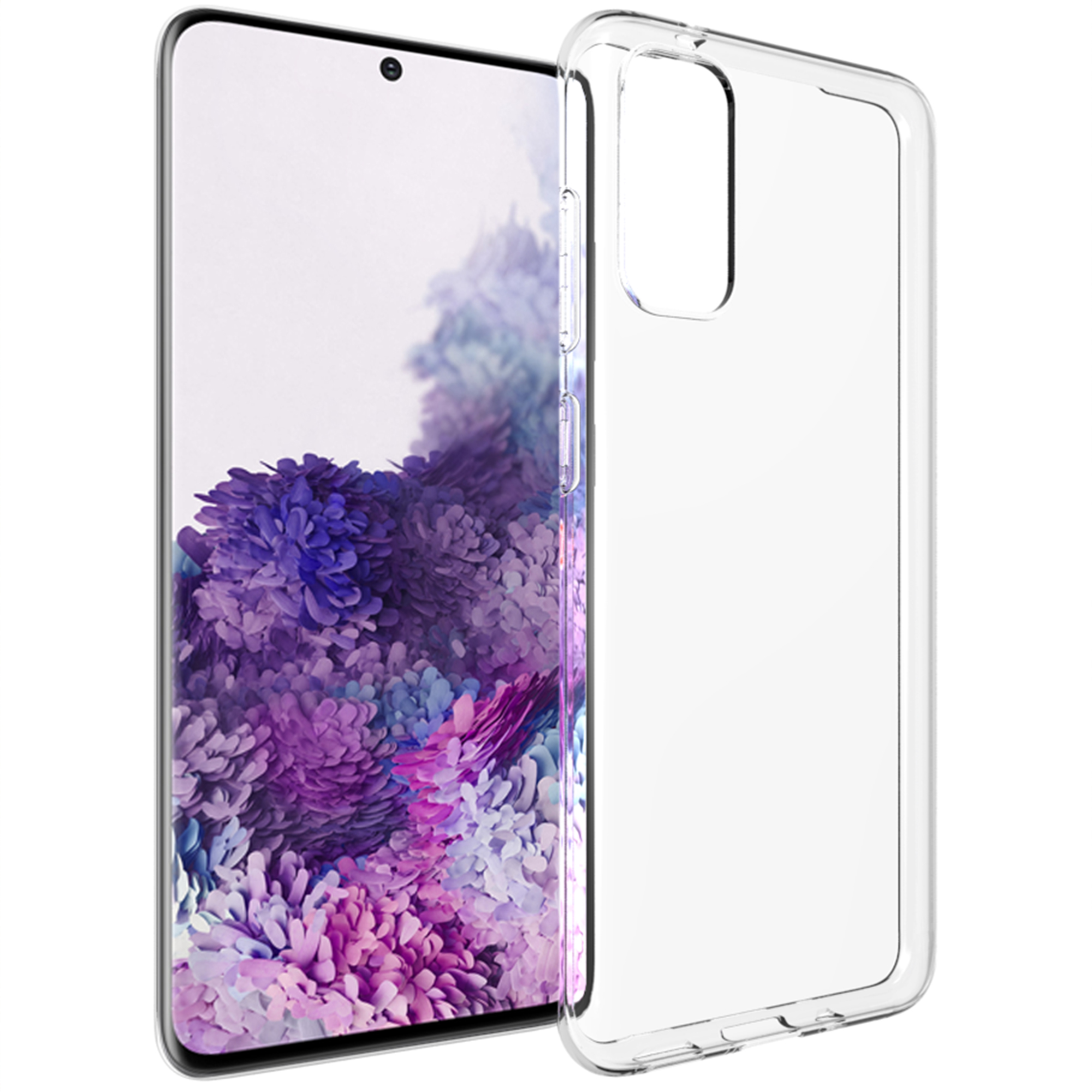Una cover trasparente per telefono accanto a uno smartphone con sfondo floreale viola.