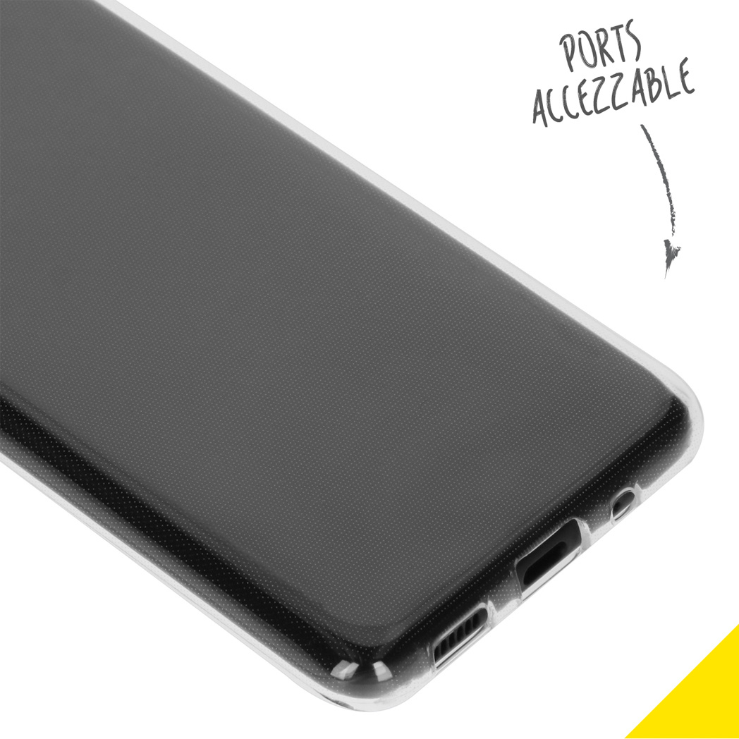 Custodia trasparente per telefono con porte accessibili.