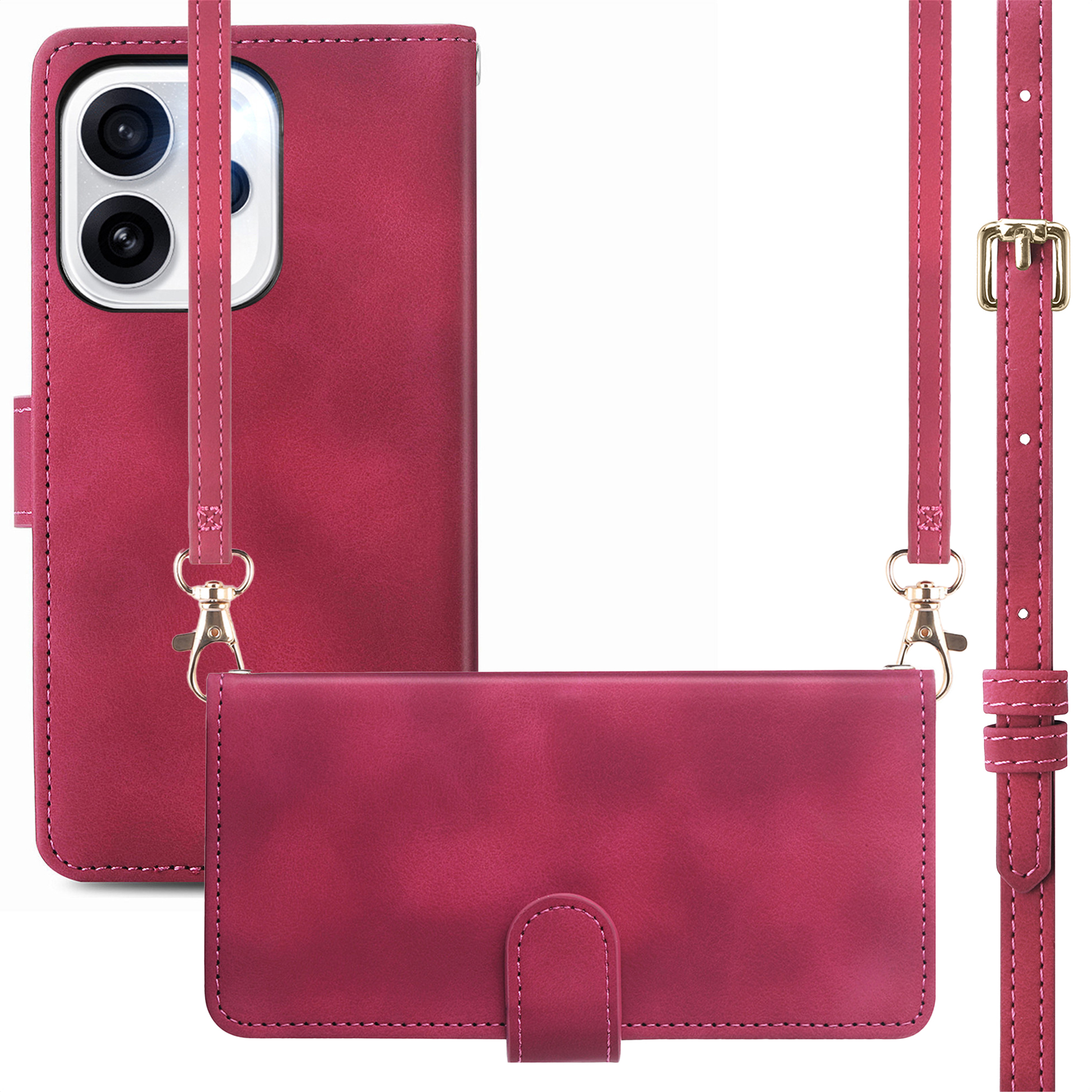 Custodia rossa per telefono con ritaglio fotocamera, tracolla e portafoglio.