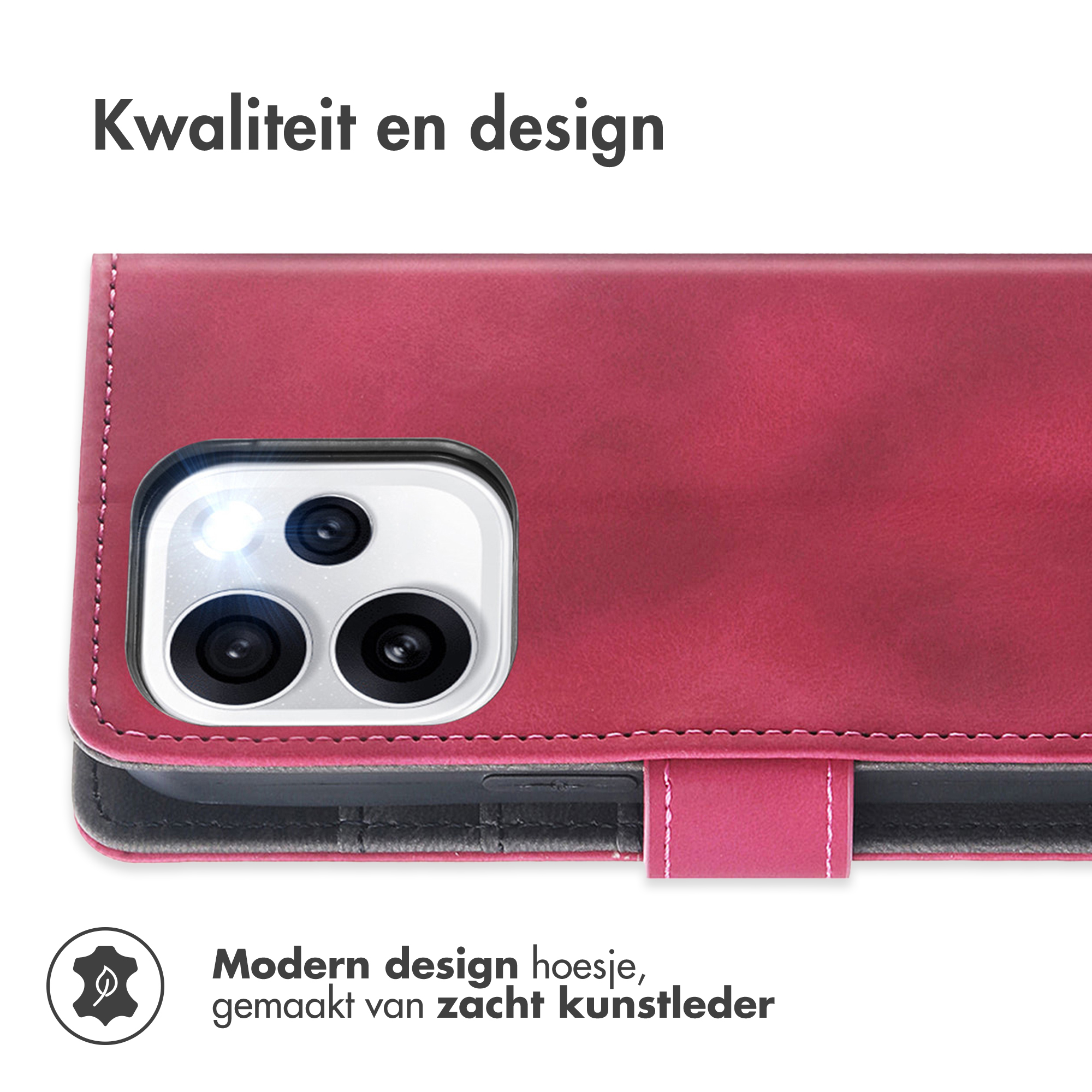 Custodia a libro in ecopelle rossa per smartphone con foro fotocamera e logo.