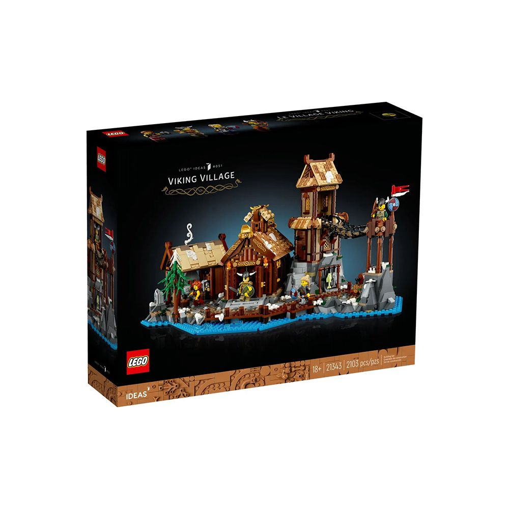 Pudełko Lego Wioska Wikingów przedstawia szczegółową wioskę Lego z drewnianymi budynkami na niebieskiej wodzie.