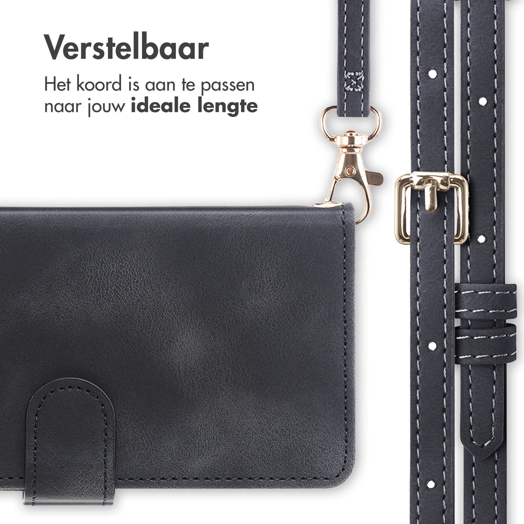 Custodia in pelle nera con cinturino regolabile e hardware dorato.