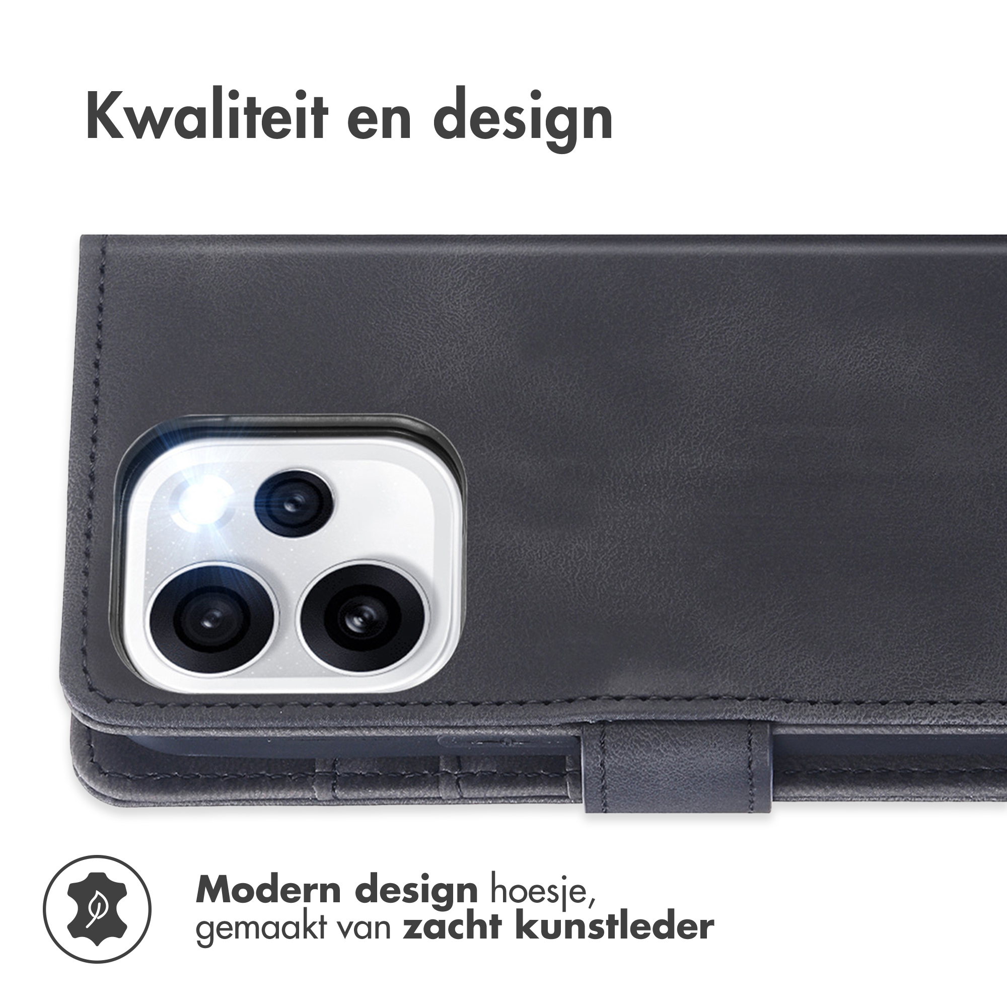 Custodia a libro grigio scuro per telefono con foro per fotocamera e icona foglia.