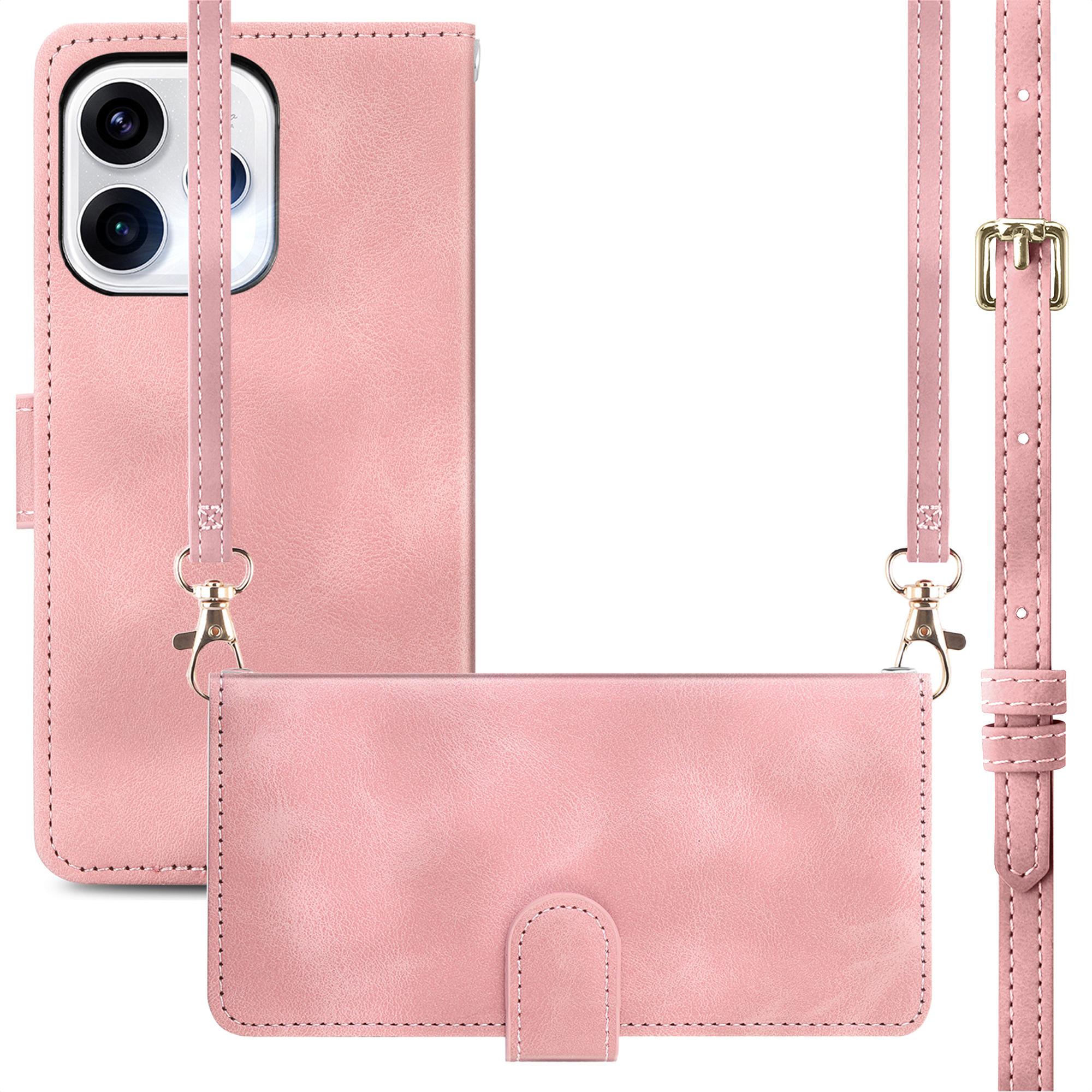 Una custodia in pelle rosa per telefono con tracolla.