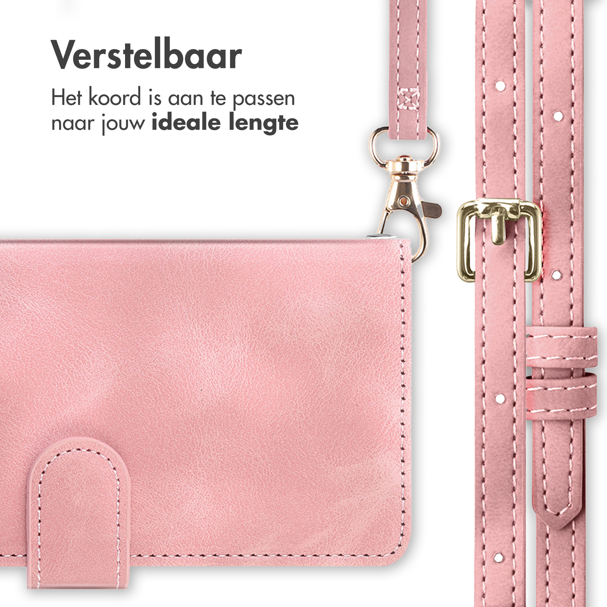 Un portafoglio rosa con cinturino regolabile e hardware dorato.