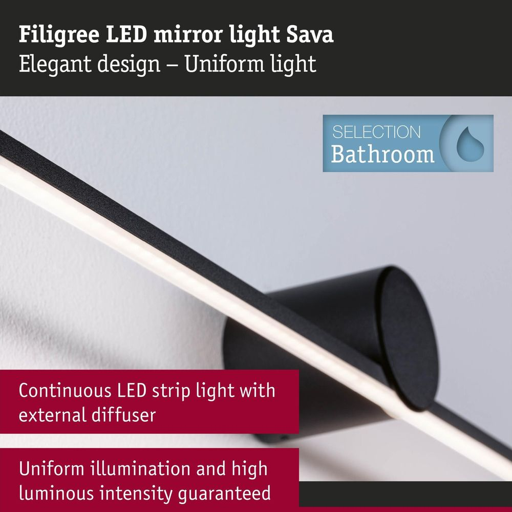 Luce specchio LED nera con striscia luminosa continua e diffusore.