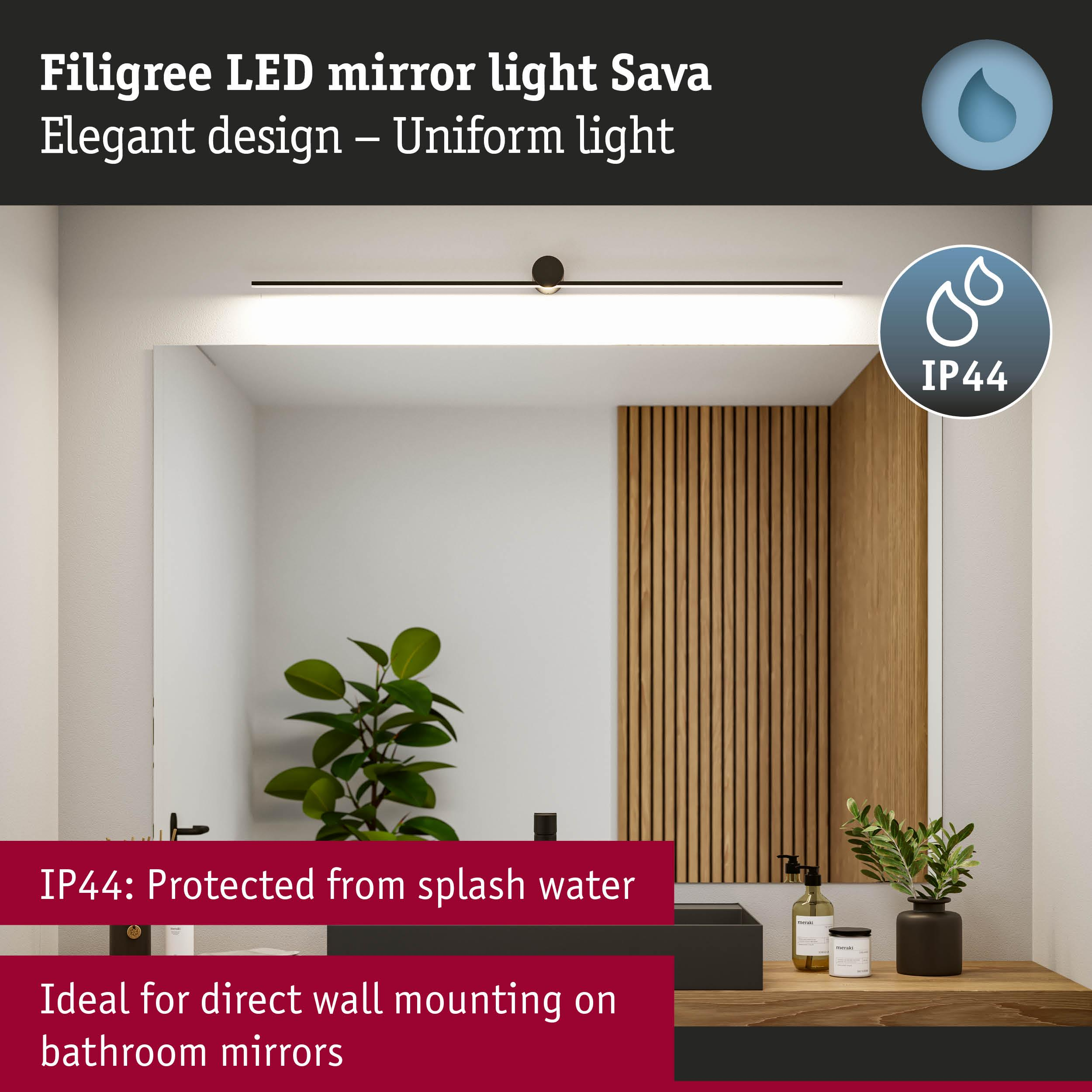 Filigranowe oświetlenie lustra LED Sava z IP44, idealne do łazienek.