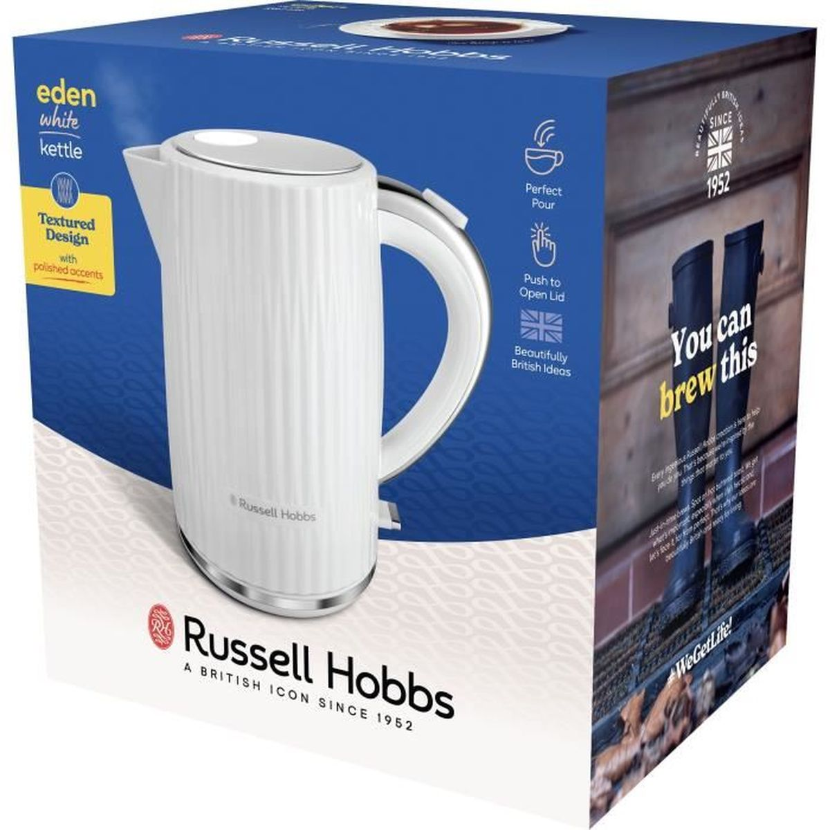 Biały czajnik Russell Hobbs z teksturowanym wzorem i polerowanymi detalami.