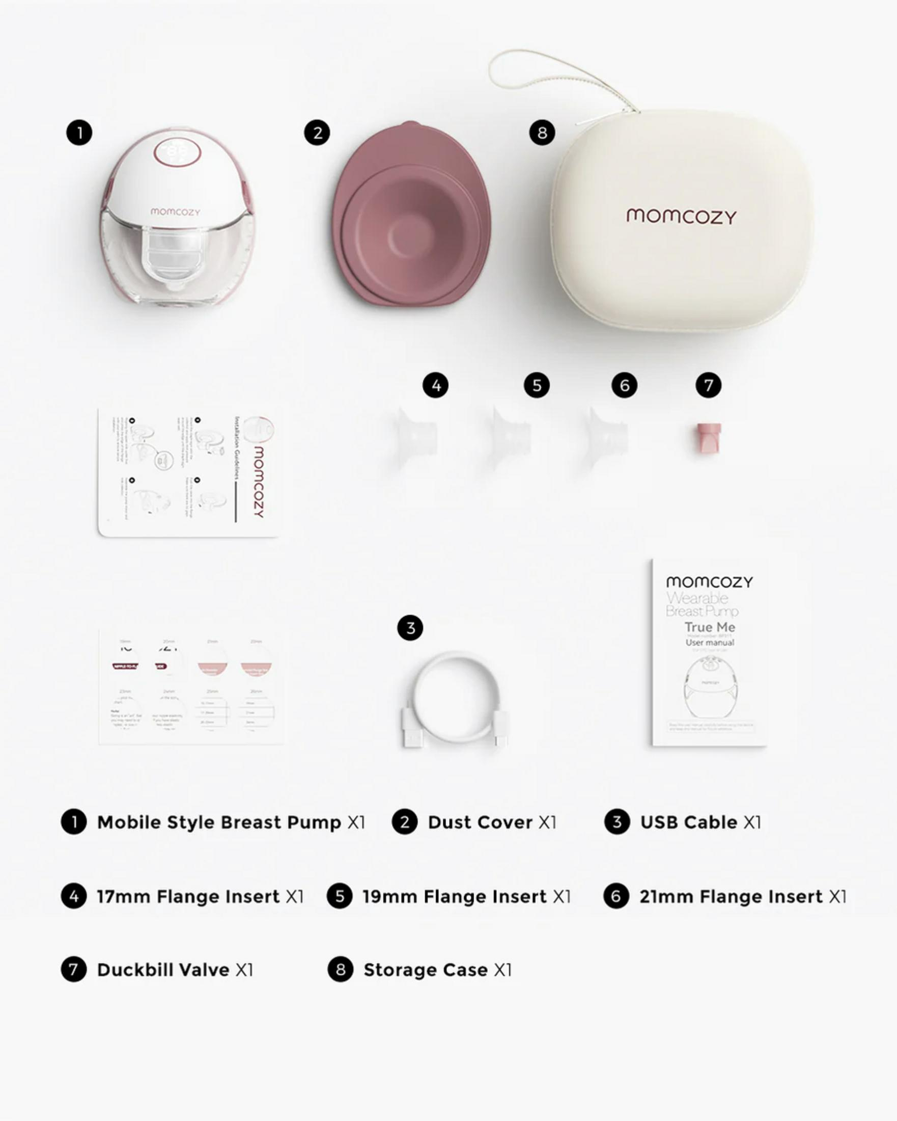 Kit tiralatte Momcozy: pompa, copripolvere, cavo, inserti, valvola, custodia, manuale.