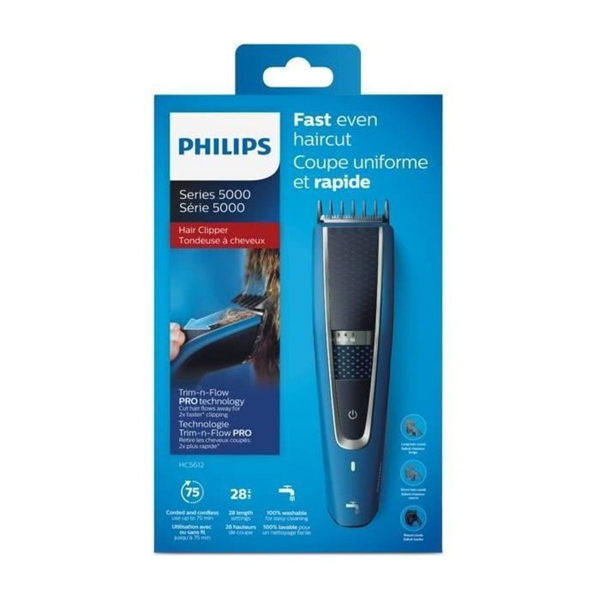 Philips Serie 5000 Haarschneider Verpackung. Zeigt Produktbild, Markenname und wichtige Spezifikationen.