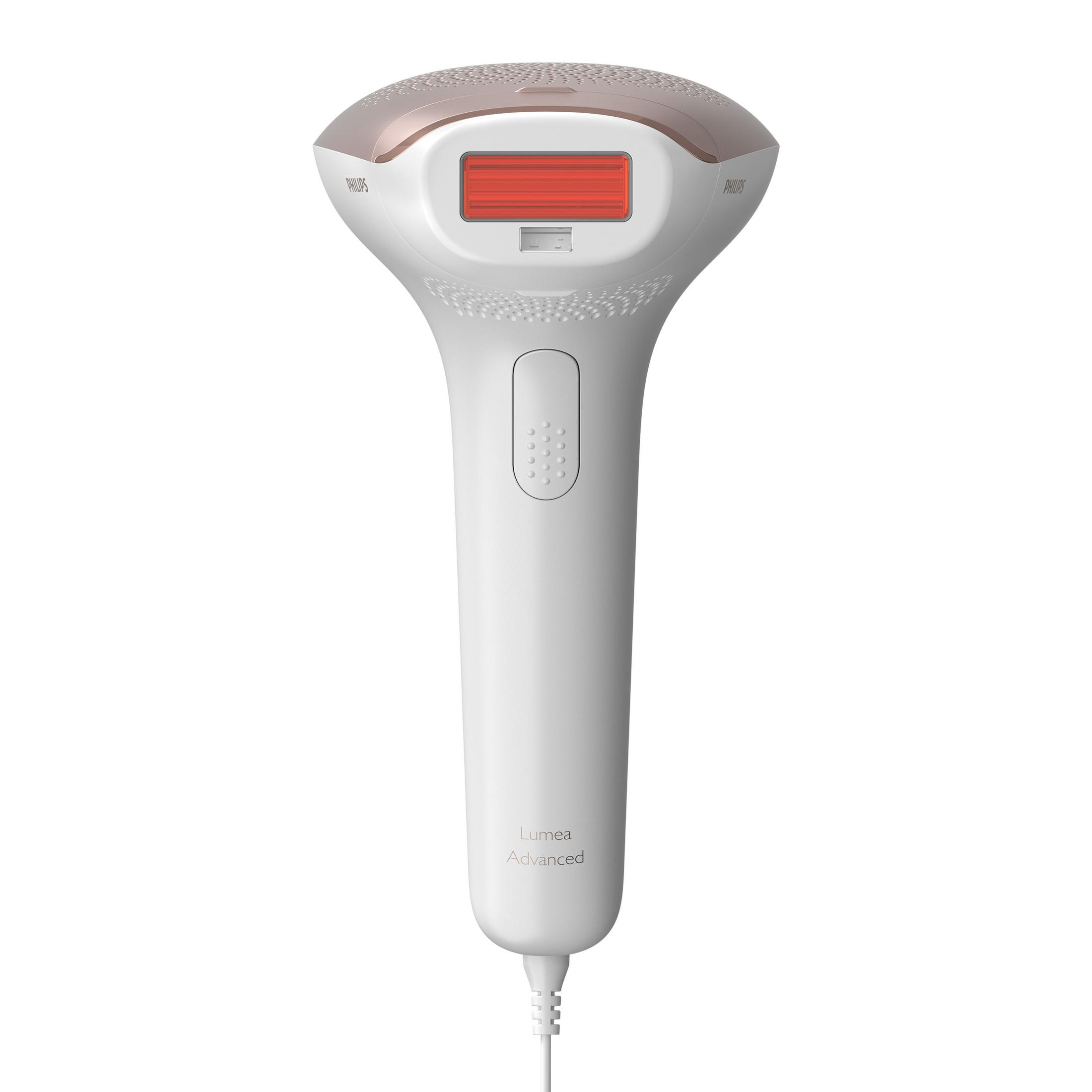 Un depilador Philips Lumea Advanced blanco con acento oro rosa y ventana roja.