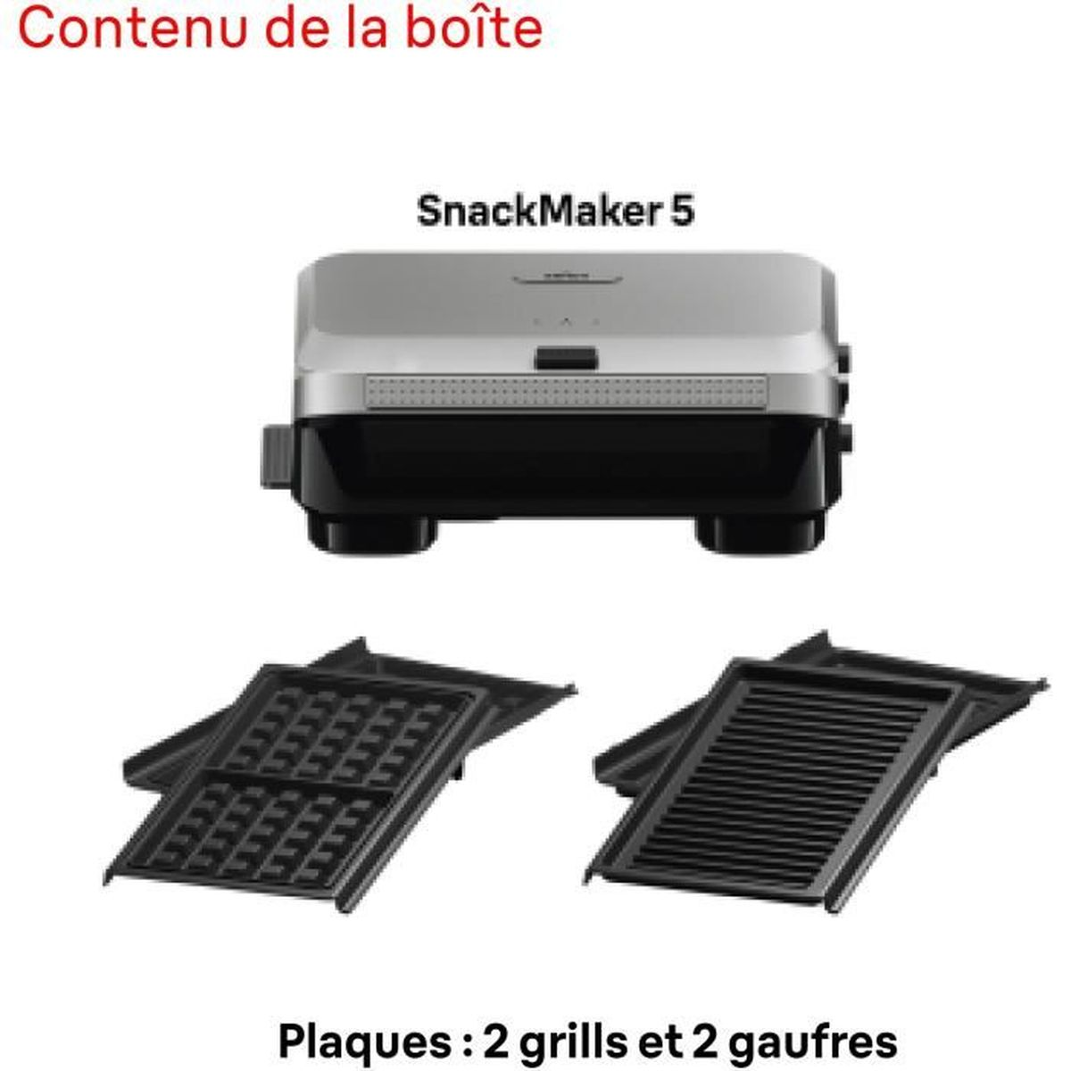 Een zilveren en zwarte SnackMaker 5 met twee grillplaten en twee wafelplaten.
