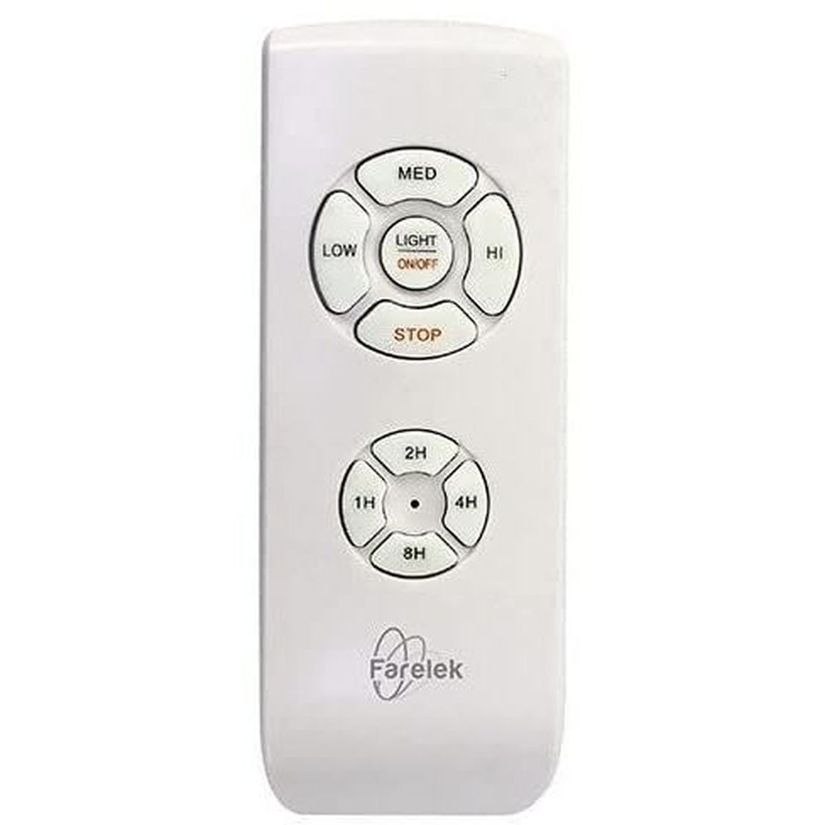 Telecomando bianco con pulsanti per velocità ventola, luce e timer. Logo Fareleks in basso.