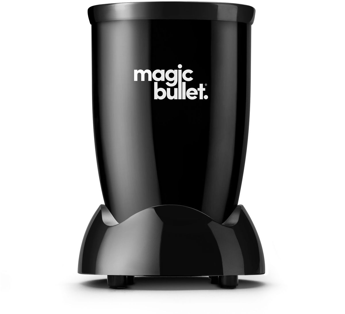 Frullatore Magic Bullet nero su sfondo bianco.
