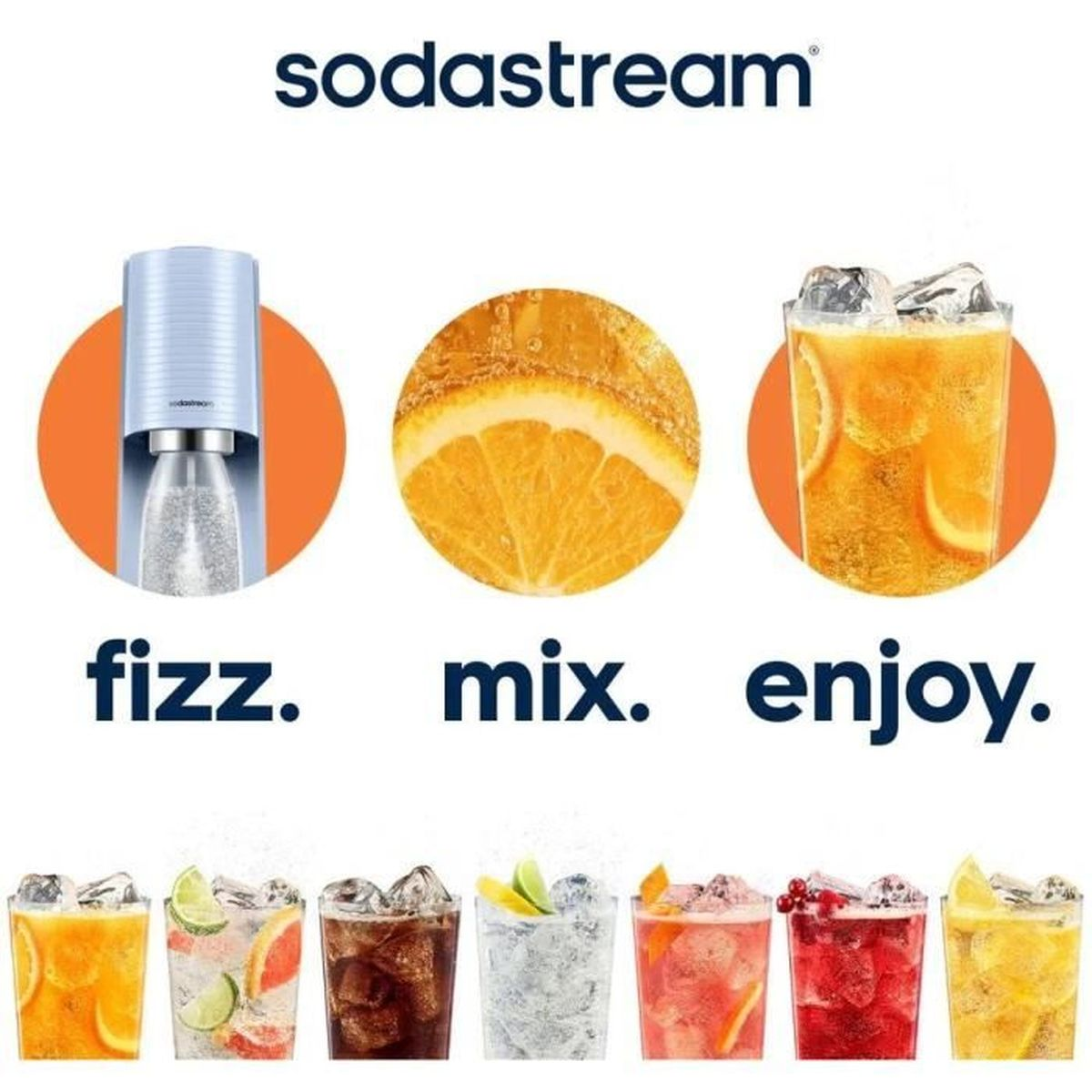 SodaStream-Gerät, Orangenscheibe und Getränke.