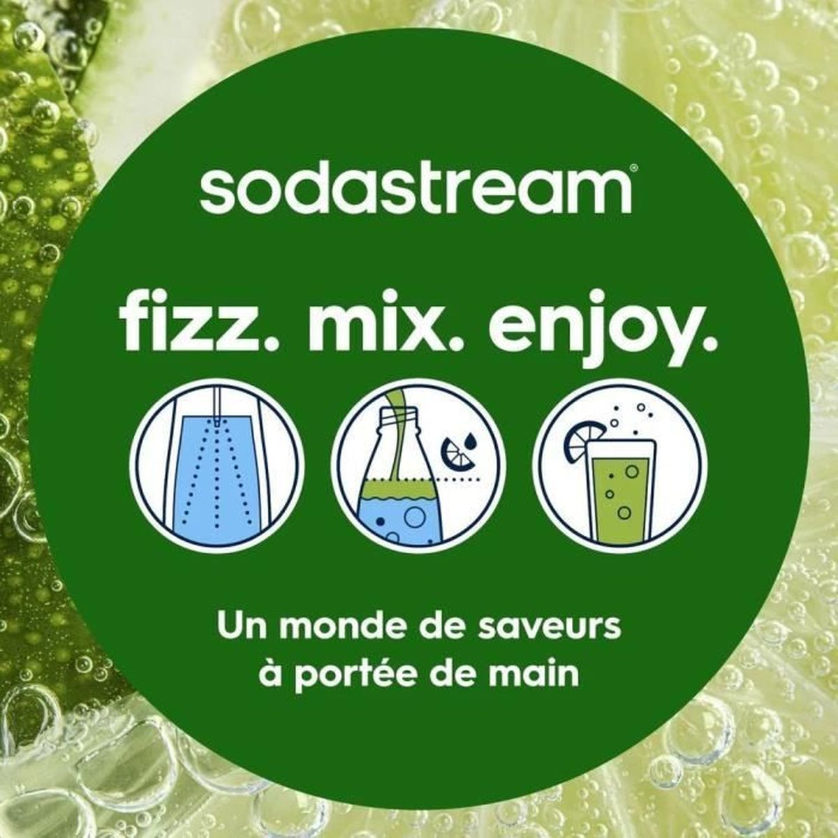 Sodastream-Logo mit Text und Symbolen: Fizz, Mix, Enjoy.
