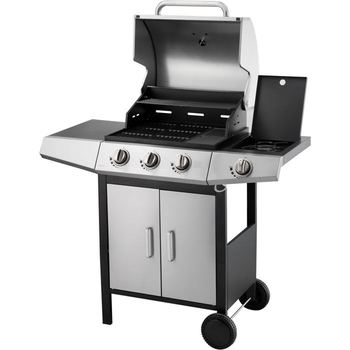 Ein silberner Gasgrill mit offenem Deckel, drei Drehknöpfen und zwei Türen.