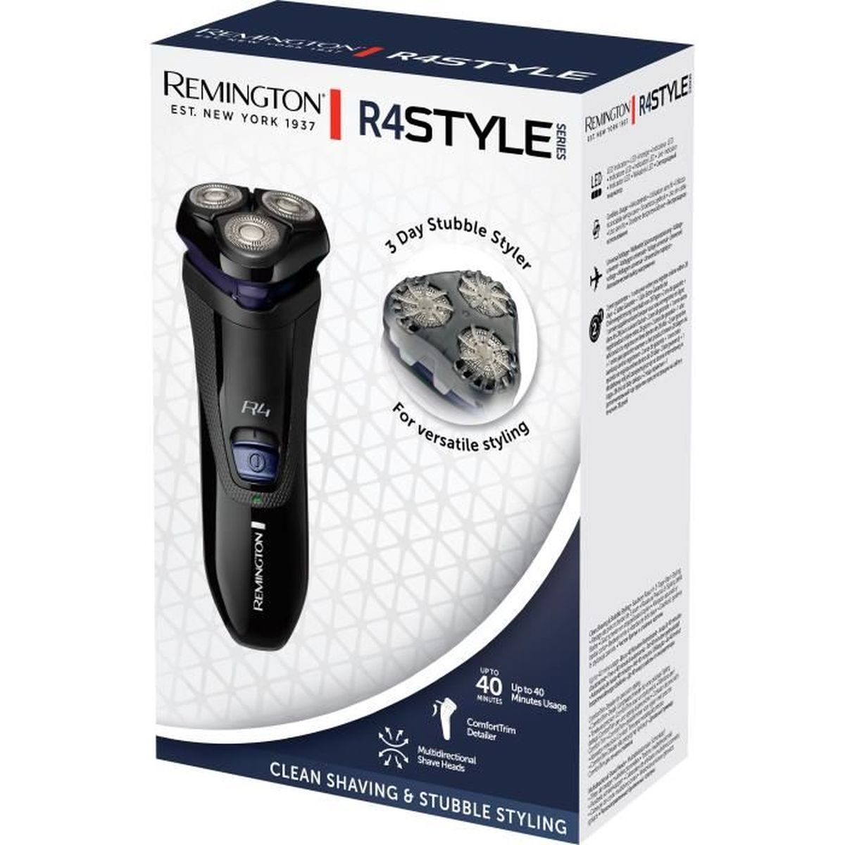 Packung eines schwarzen Remington R4Style Rasierers mit silbernen Akzenten.