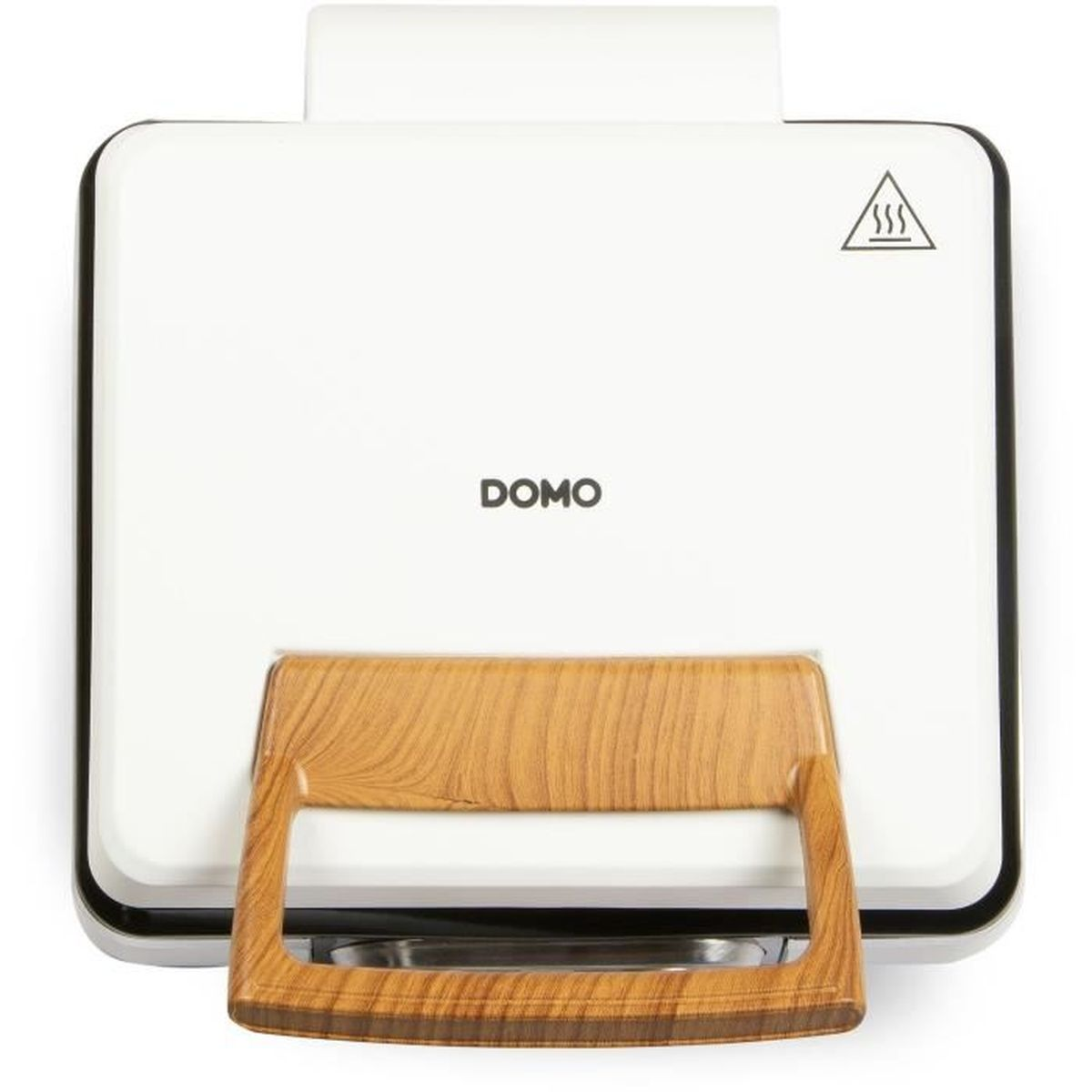 Una bistecchiera elettrica bianca con manico in legno e logo DOMO.