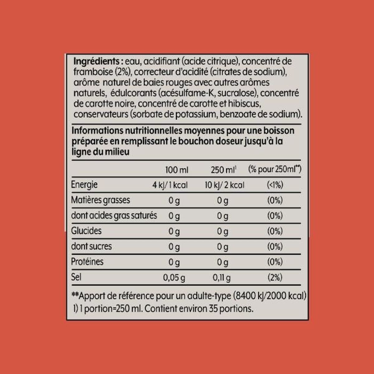 Nährwertangaben für ein Getränk: Energie 10 kJ/2 kcal, Fett 0g, Kohlenhydrate 0g, Zucker 0g, Protein 0g, Salz 0,11g.