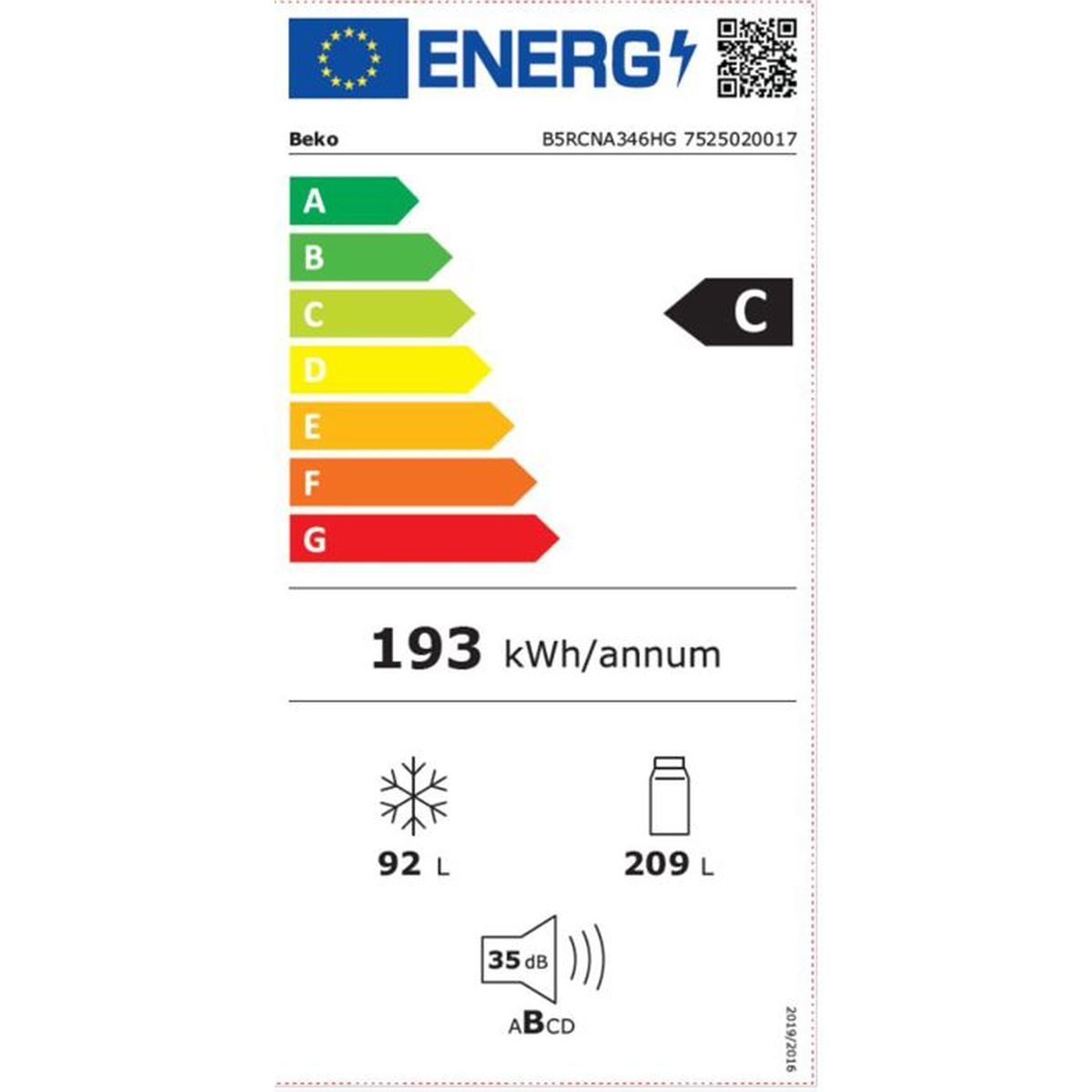 Energielabel Beko: Klasse C, 193 kWh/Jahr, 92L Gefrierfach, 209L Kühlfach, 35dB.