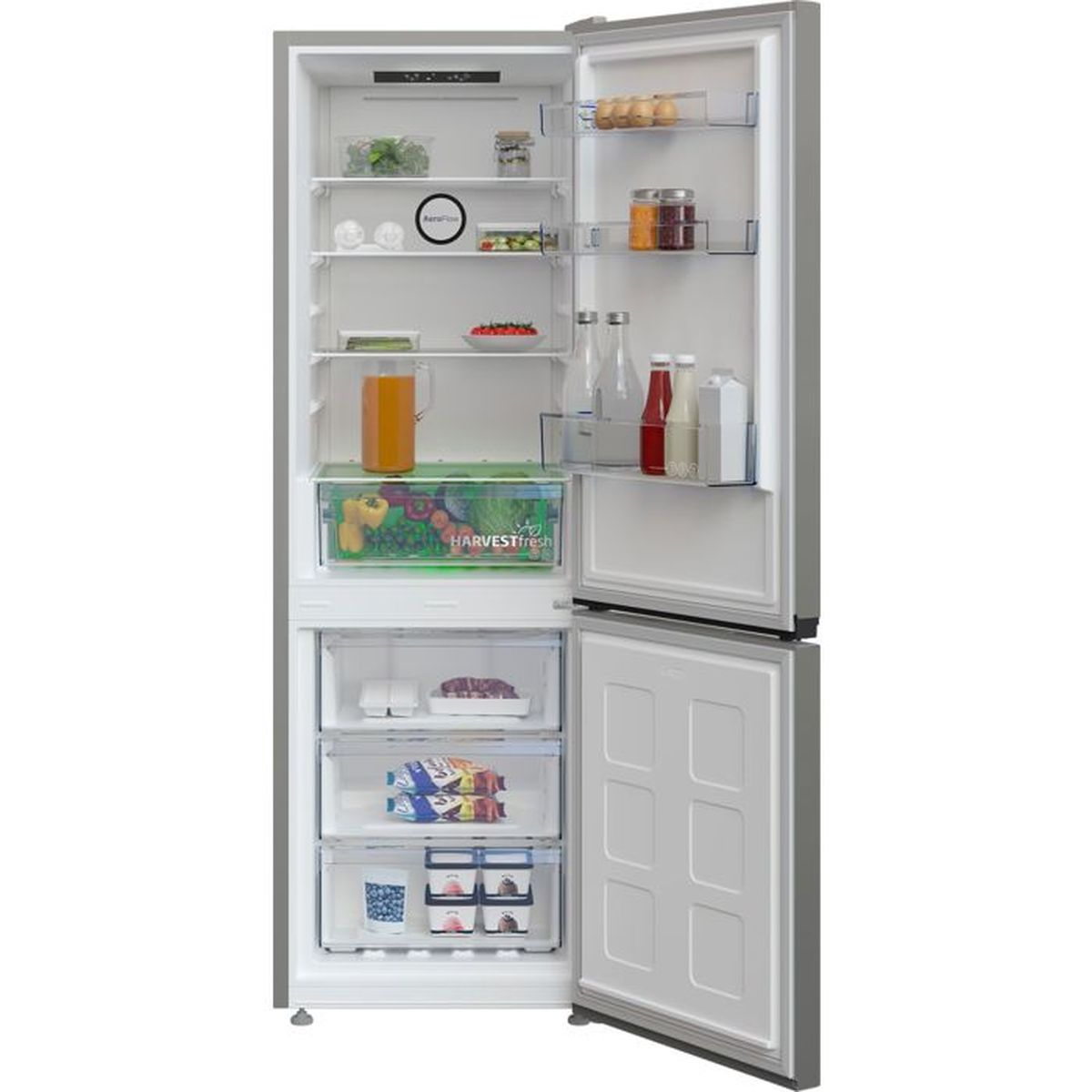Ein offener Kühlschrank mit Lebensmitteln auf den Regalen und in den Schubladen.
