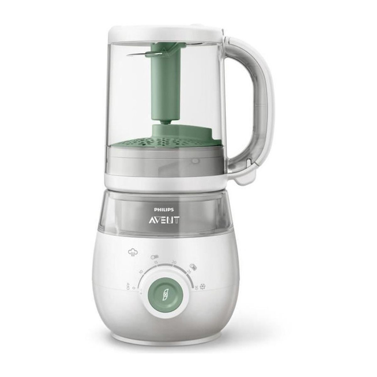 Un robot per alimenti per bambini Philips Avent bianco con inserto verde.