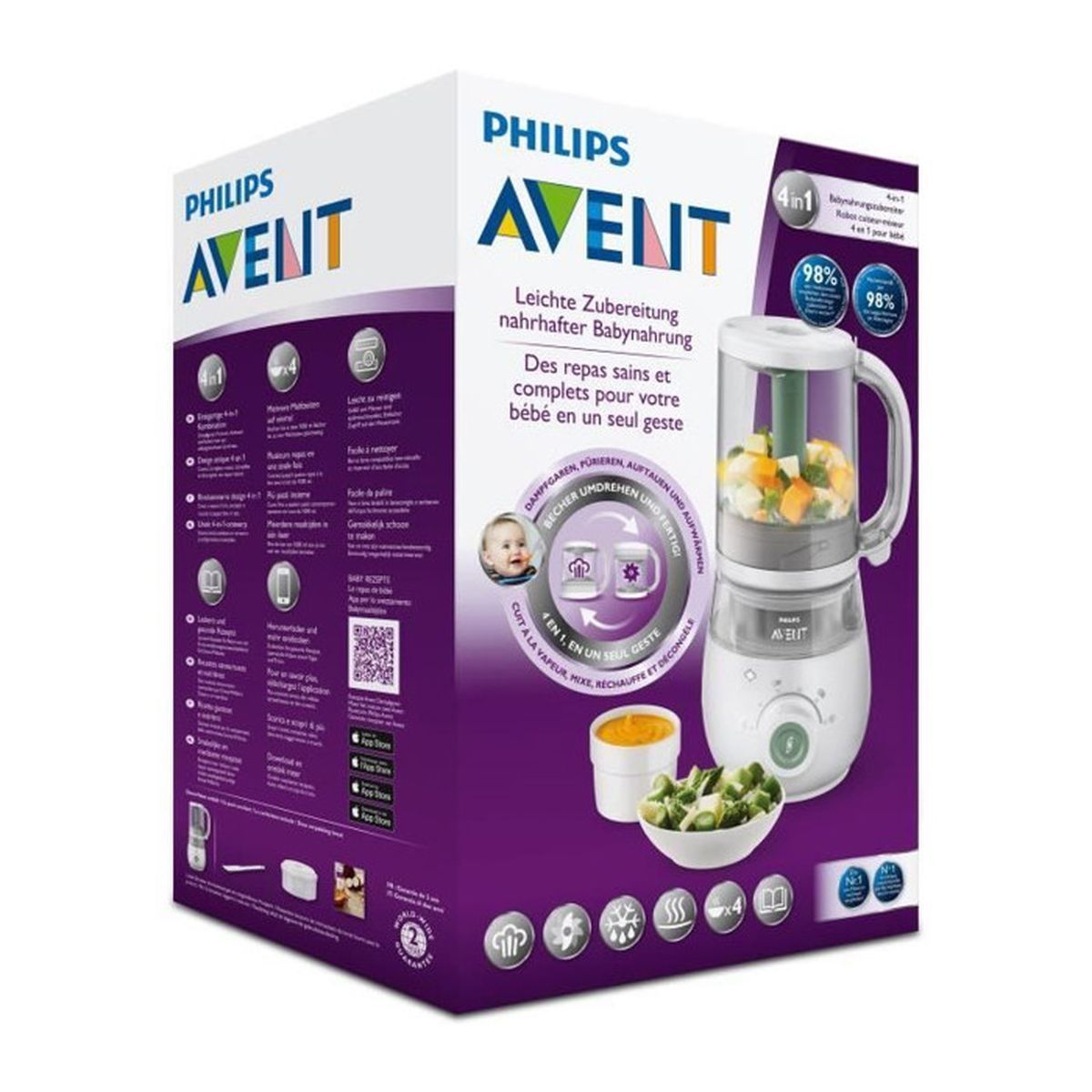 Robot per alimenti per bambini Philips Avent: dispositivo 4 in 1 per cuocere a vapore, frullare, riscaldare e scongelare.