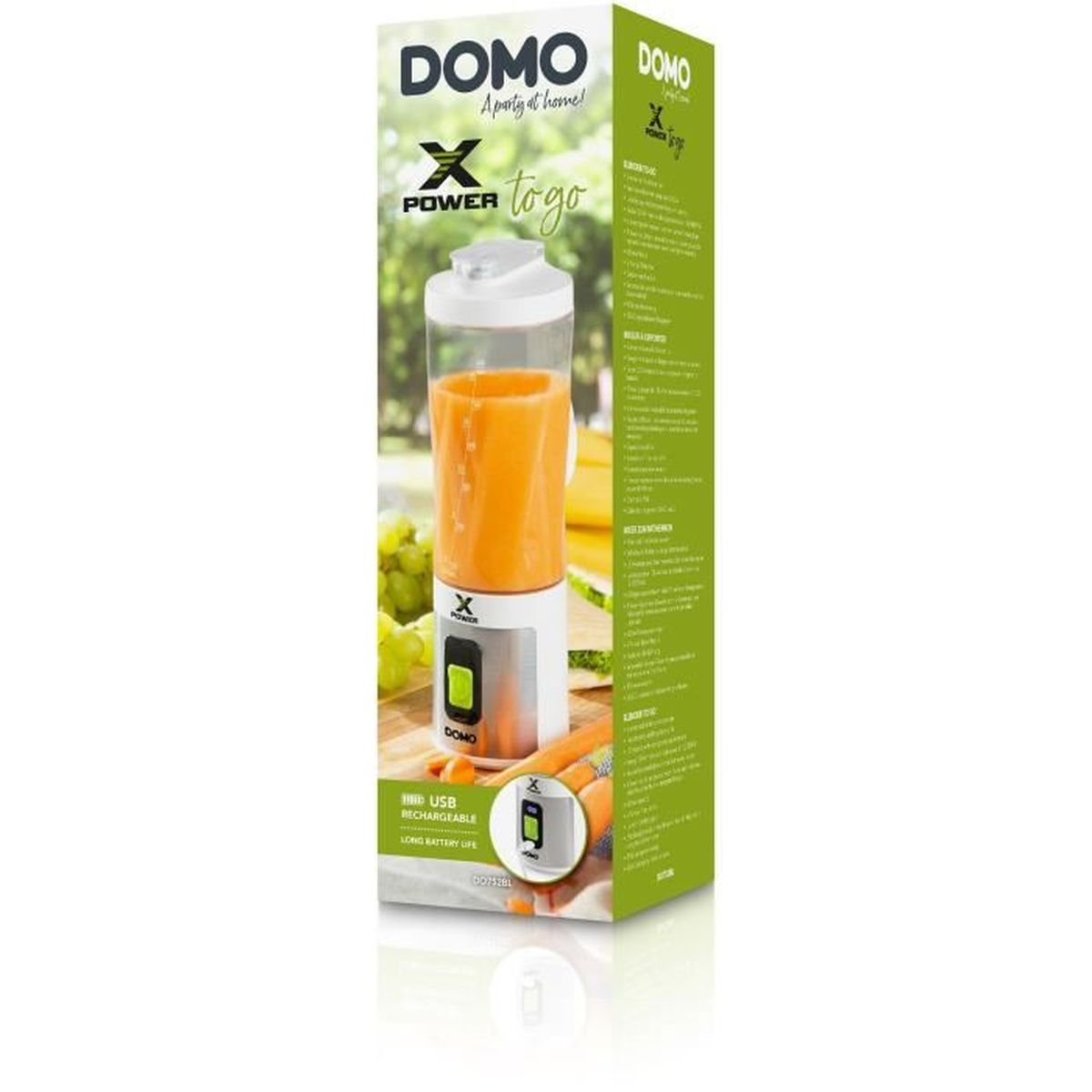 DOMO tragbarer Mixer mit orangem Saft. USB-wiederaufladbar, lange Akkulaufzeit.
