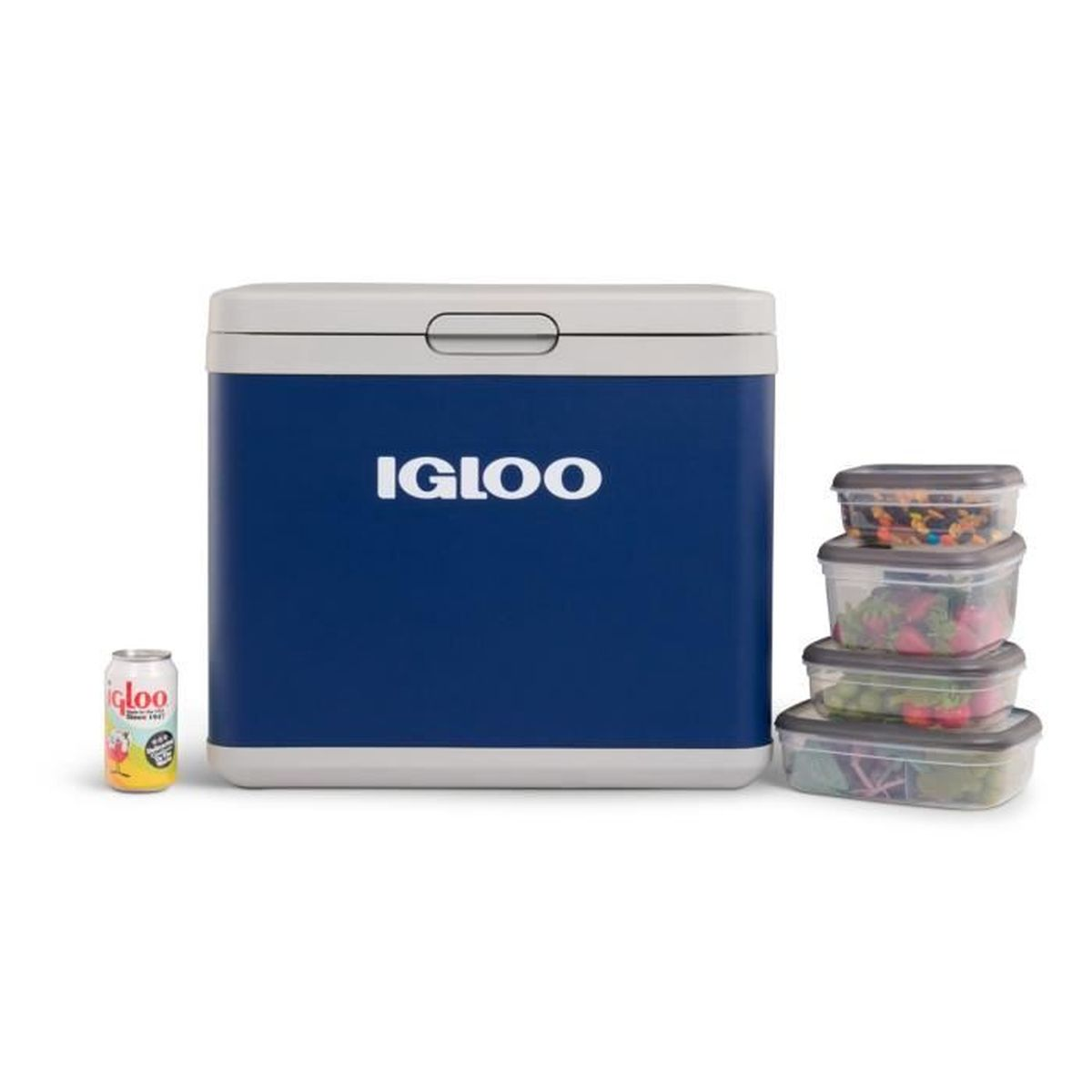 Un frigorifero blu Igloo con una lattina e contenitori impilati accanto.