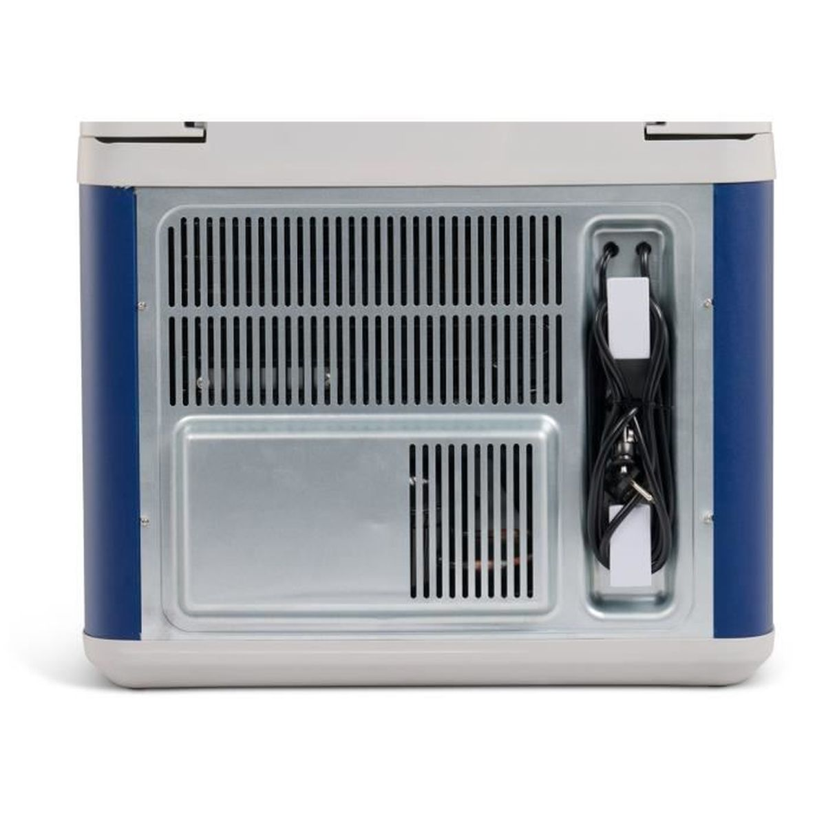 Retro di un frigorifero portatile blu e bianco con prese d'aria e cavo di alimentazione avvolto.