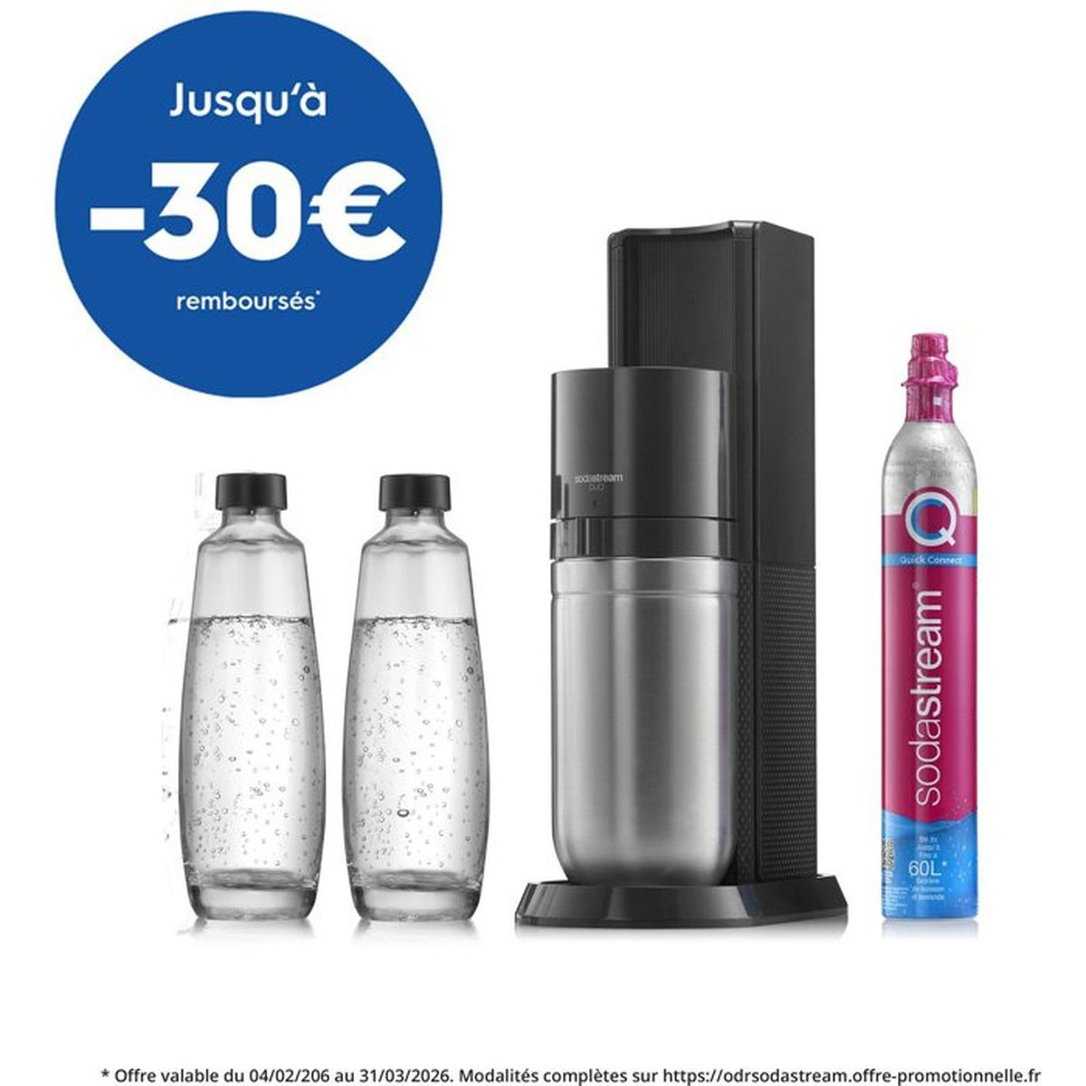 Sodastream-Gerät mit zwei Flaschen und einer CO2-Kartusche. Blauer Kreis mit -30€.