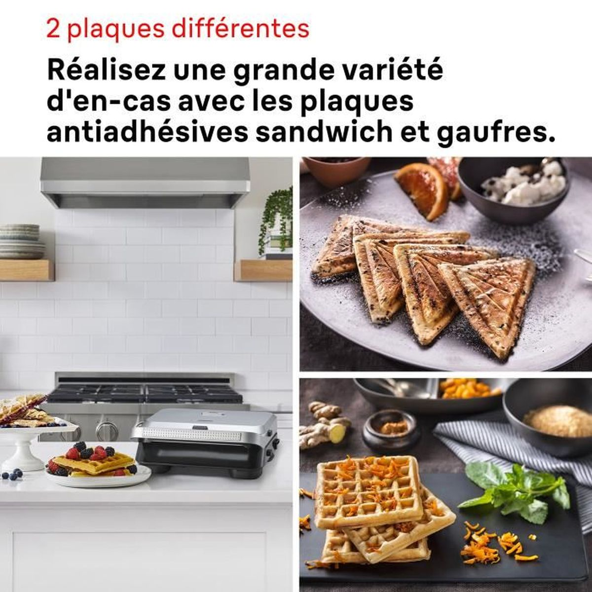 A sandwich maker with waffle and sandwich plates, next to sandwiches and waffles.