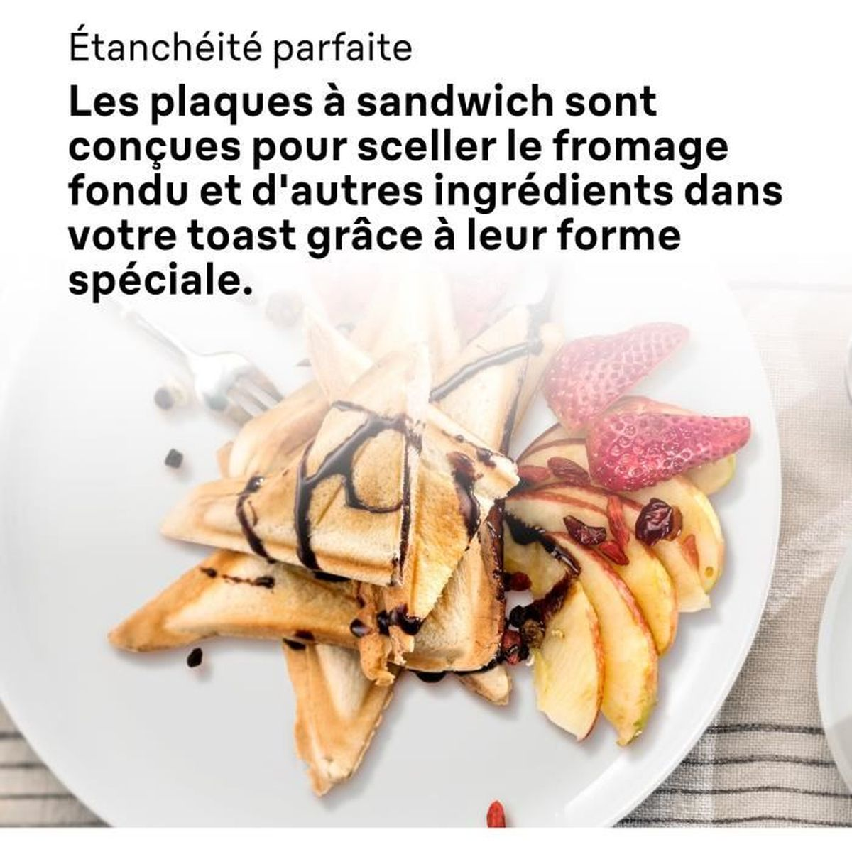 Sandwich plates with fruit and chocolate sauce.